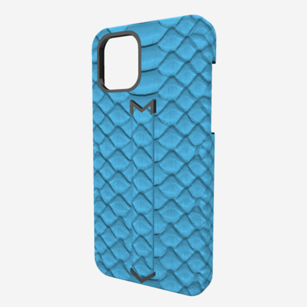 Finger Strap Case for iPhone 13 Pro Max in Genuine Python Tropical Blue Black Plating 