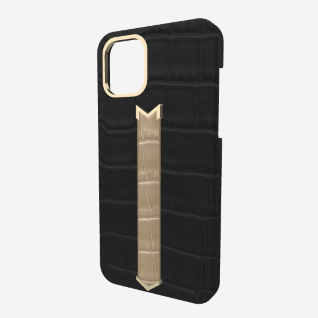 Gold Finger Strap Case for iPhone 13 in Genuine Alligator Bond Black Beige Desert 