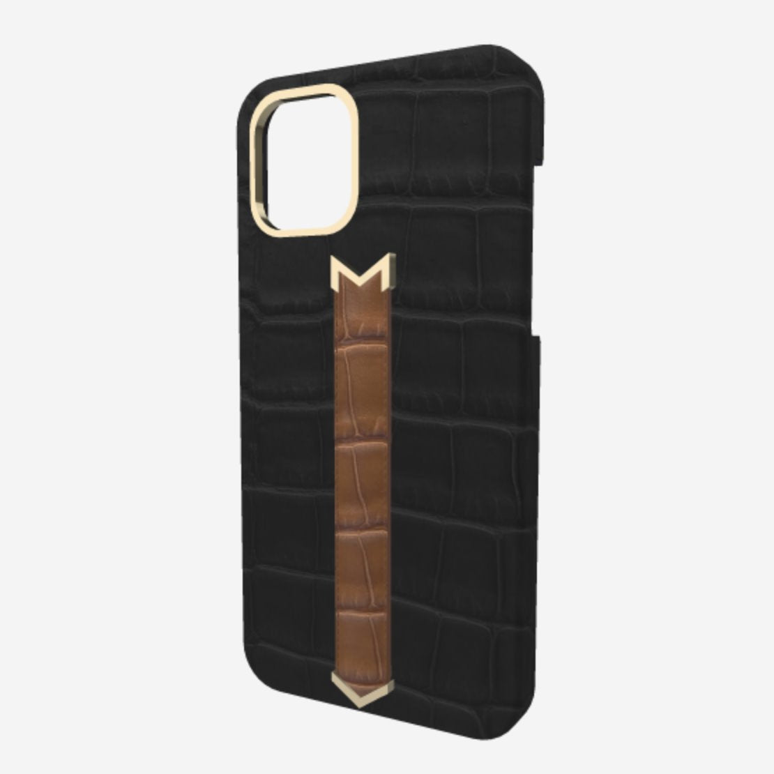 Gold Finger Strap Case for iPhone 13 in Genuine Alligator Bond Black Belmondo Brown 