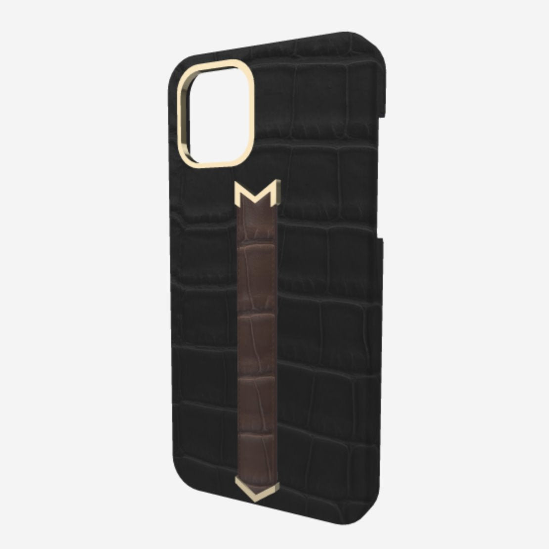 Gold Finger Strap Case for iPhone 13 in Genuine Alligator Bond Black Borsalino Brown 