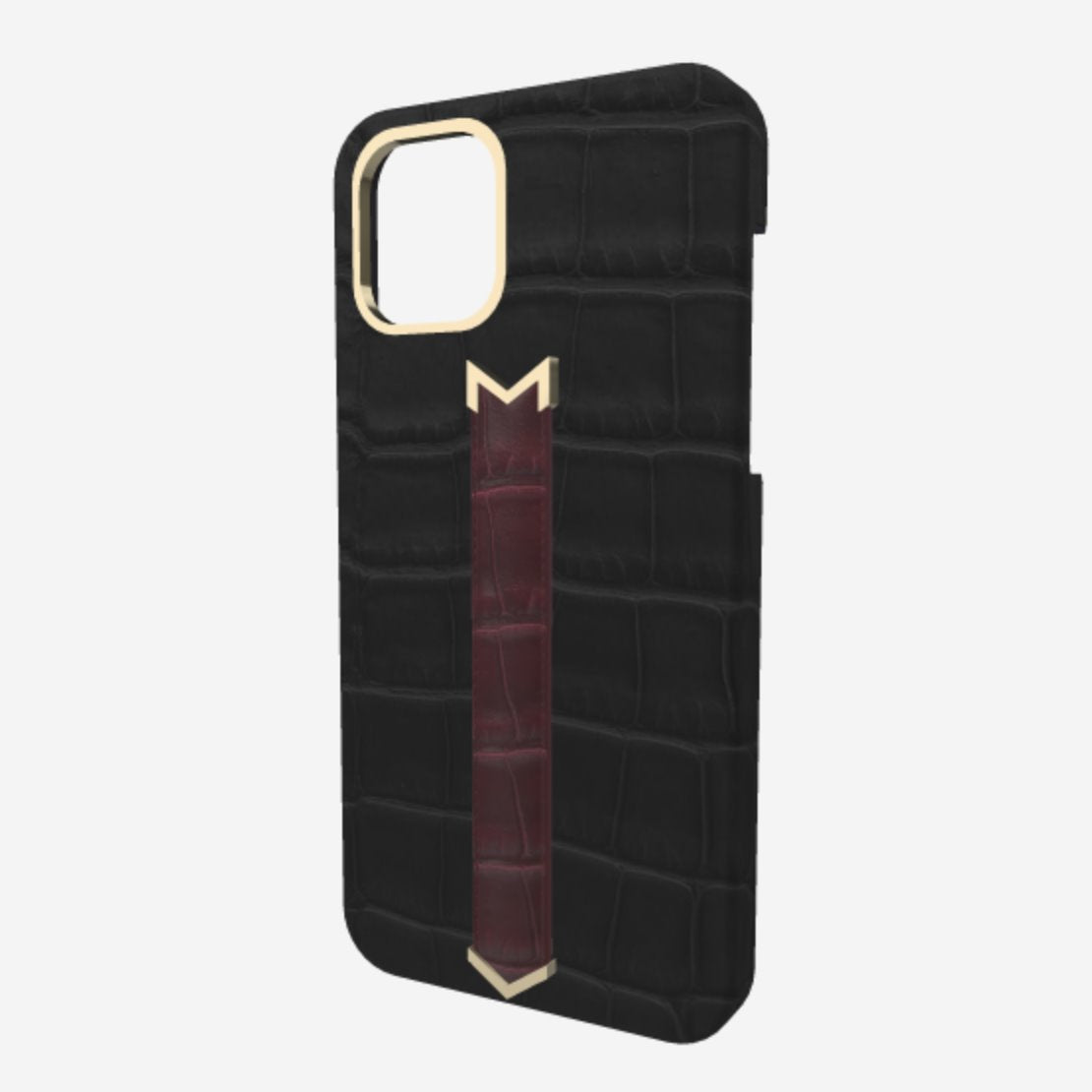 Gold Finger Strap Case for iPhone 13 in Genuine Alligator Bond Black Burgundy Palace 