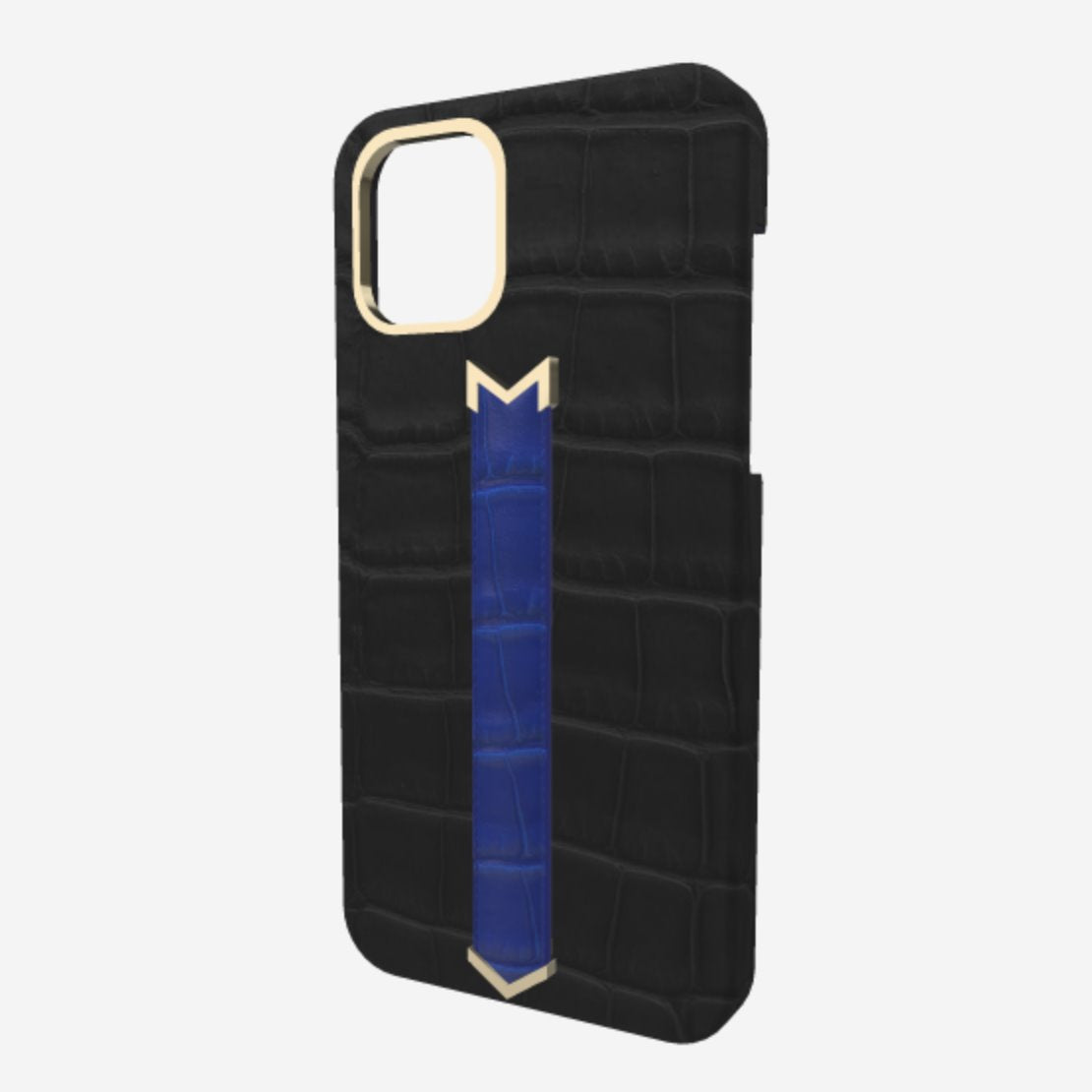 Gold Finger Strap Case for iPhone 13 in Genuine Alligator Bond Black Electric Blue 