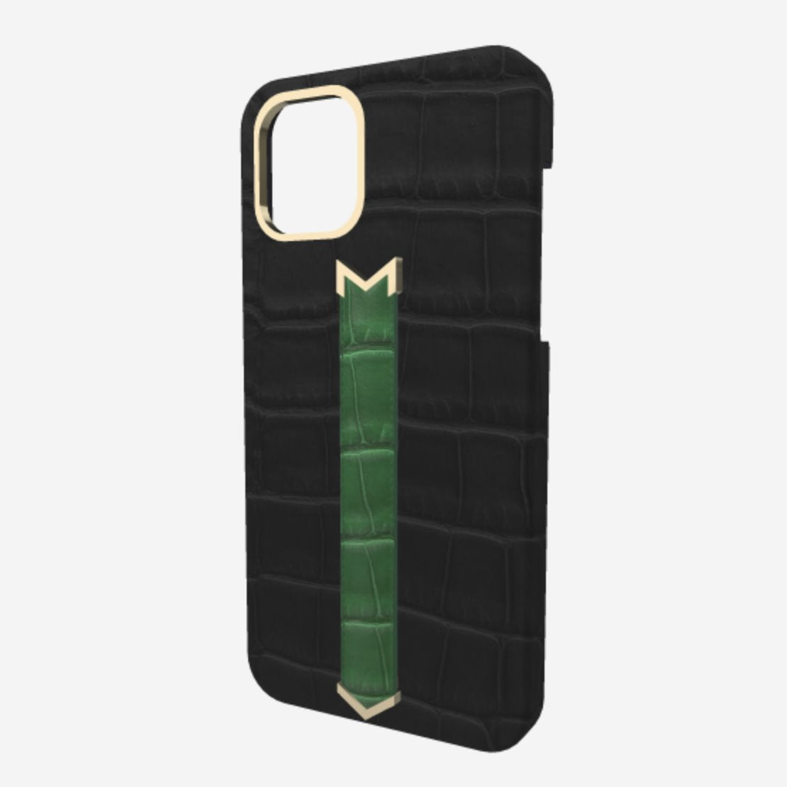 Gold Finger Strap Case for iPhone 13 in Genuine Alligator Bond Black Emerald Green 