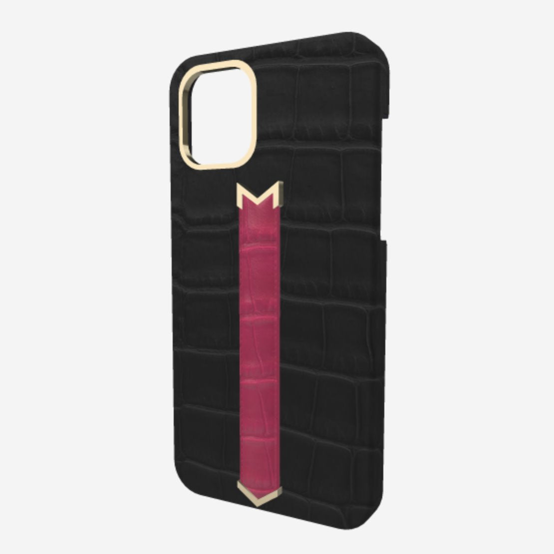 Gold Finger Strap Case for iPhone 13 in Genuine Alligator Bond Black Fuchsia Party 