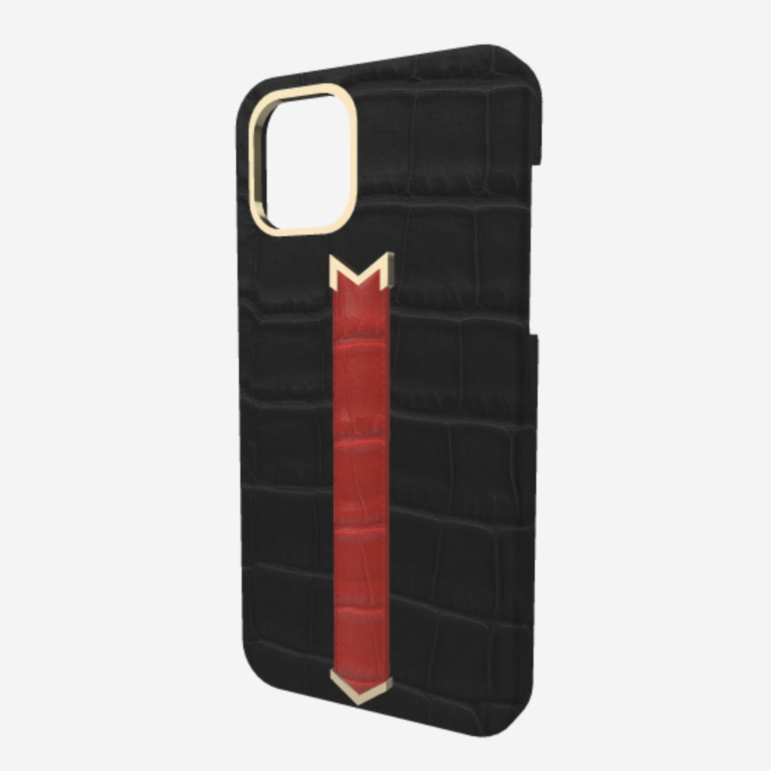Gold Finger Strap Case for iPhone 13 in Genuine Alligator Bond Black Glamour Red 