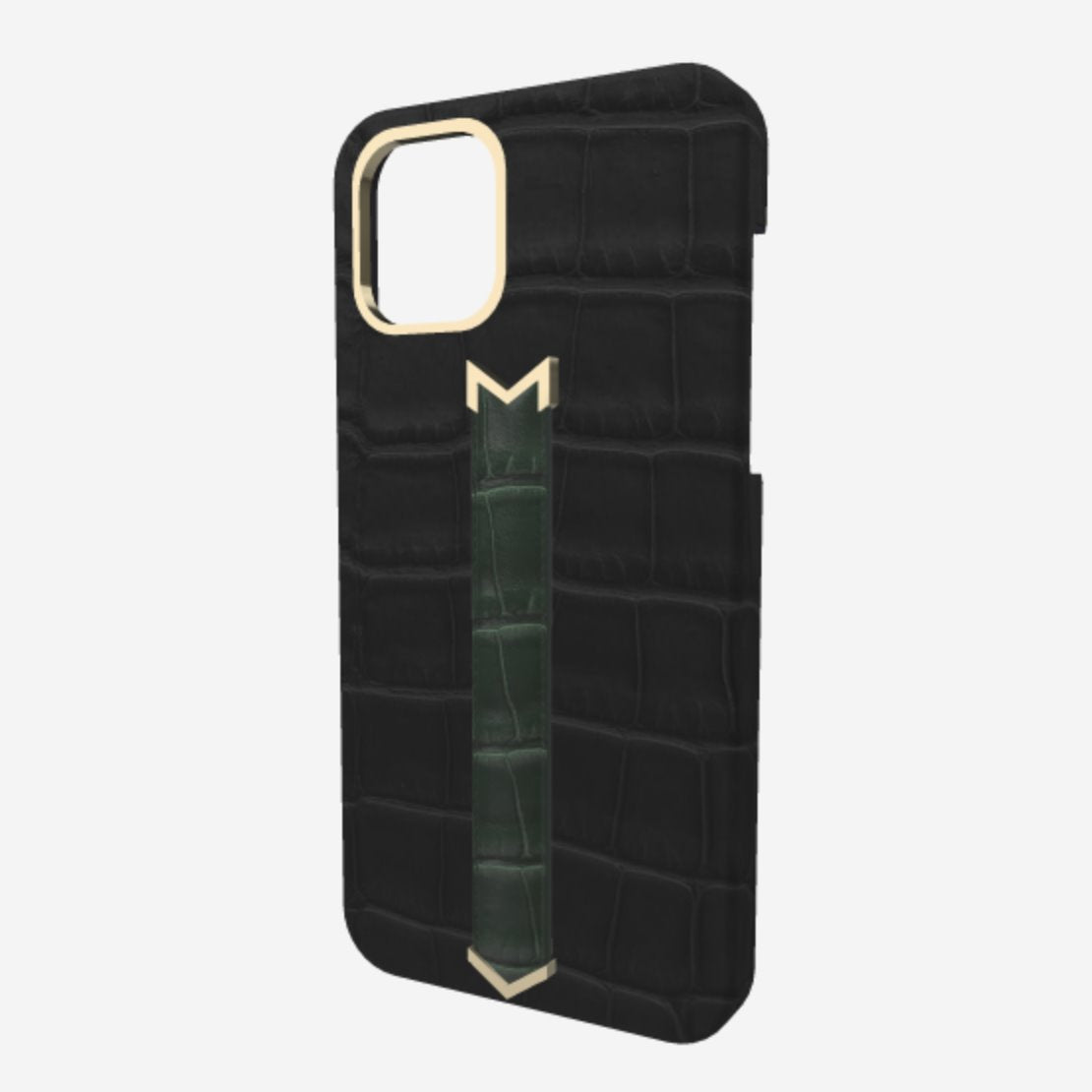 Gold Finger Strap Case for iPhone 13 in Genuine Alligator Bond Black Jungle Green 