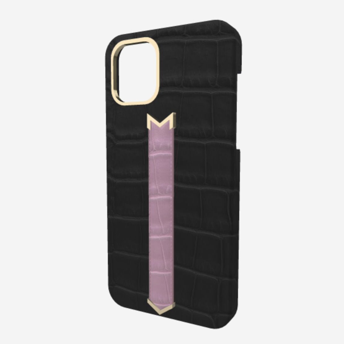 Gold Finger Strap Case for iPhone 13 in Genuine Alligator Bond Black Lavender Laugh 