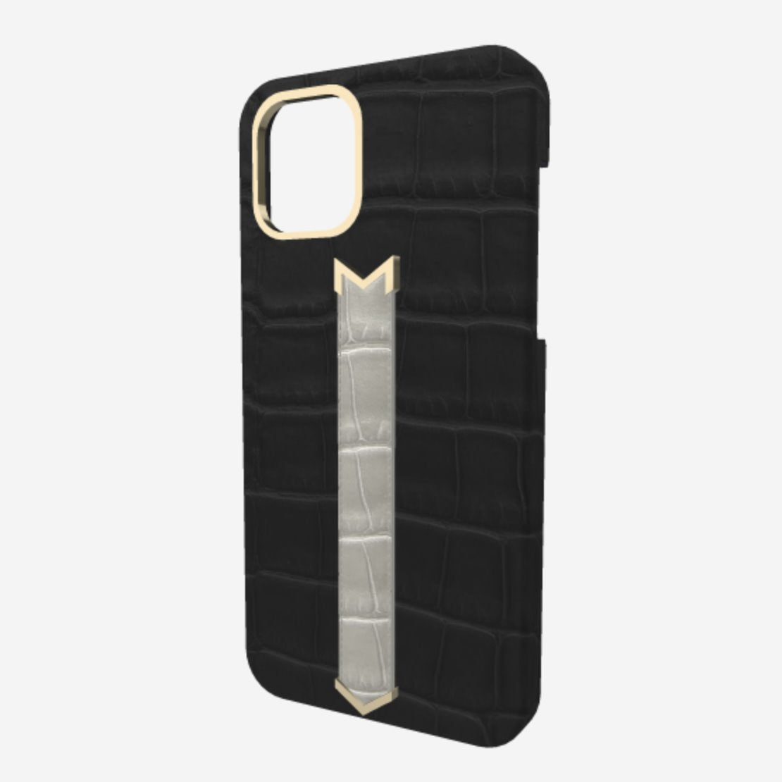 Gold Finger Strap Case for iPhone 13 in Genuine Alligator Bond Black Pearl Grey 