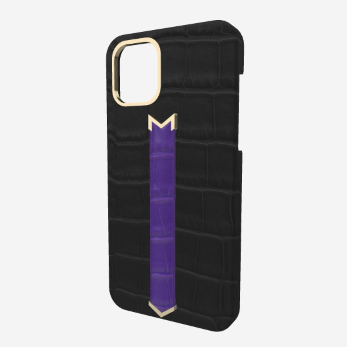 Gold Finger Strap Case for iPhone 13 in Genuine Alligator Bond Black Purple Rain 