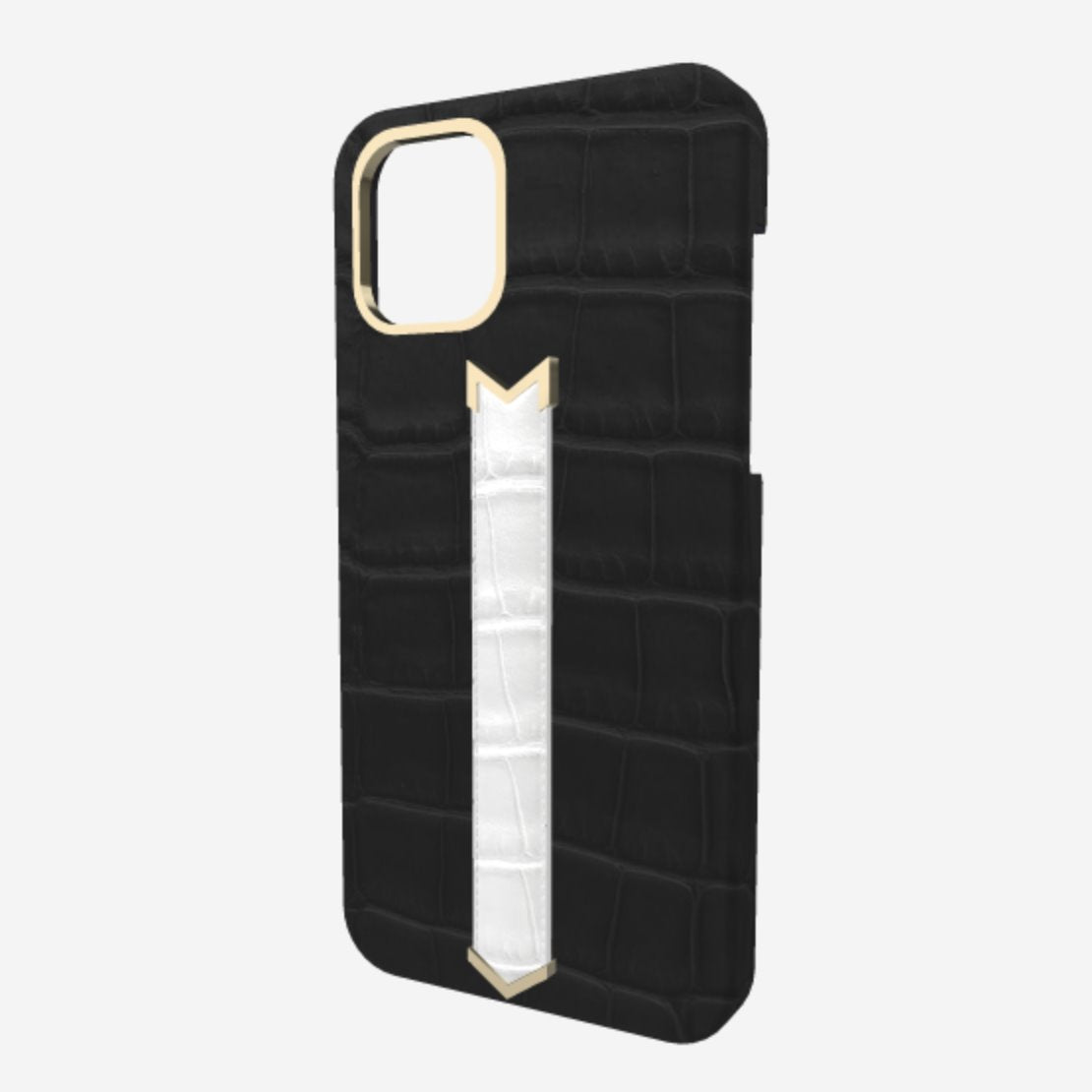 Gold Finger Strap Case for iPhone 13 in Genuine Alligator Bond Black White Angel 