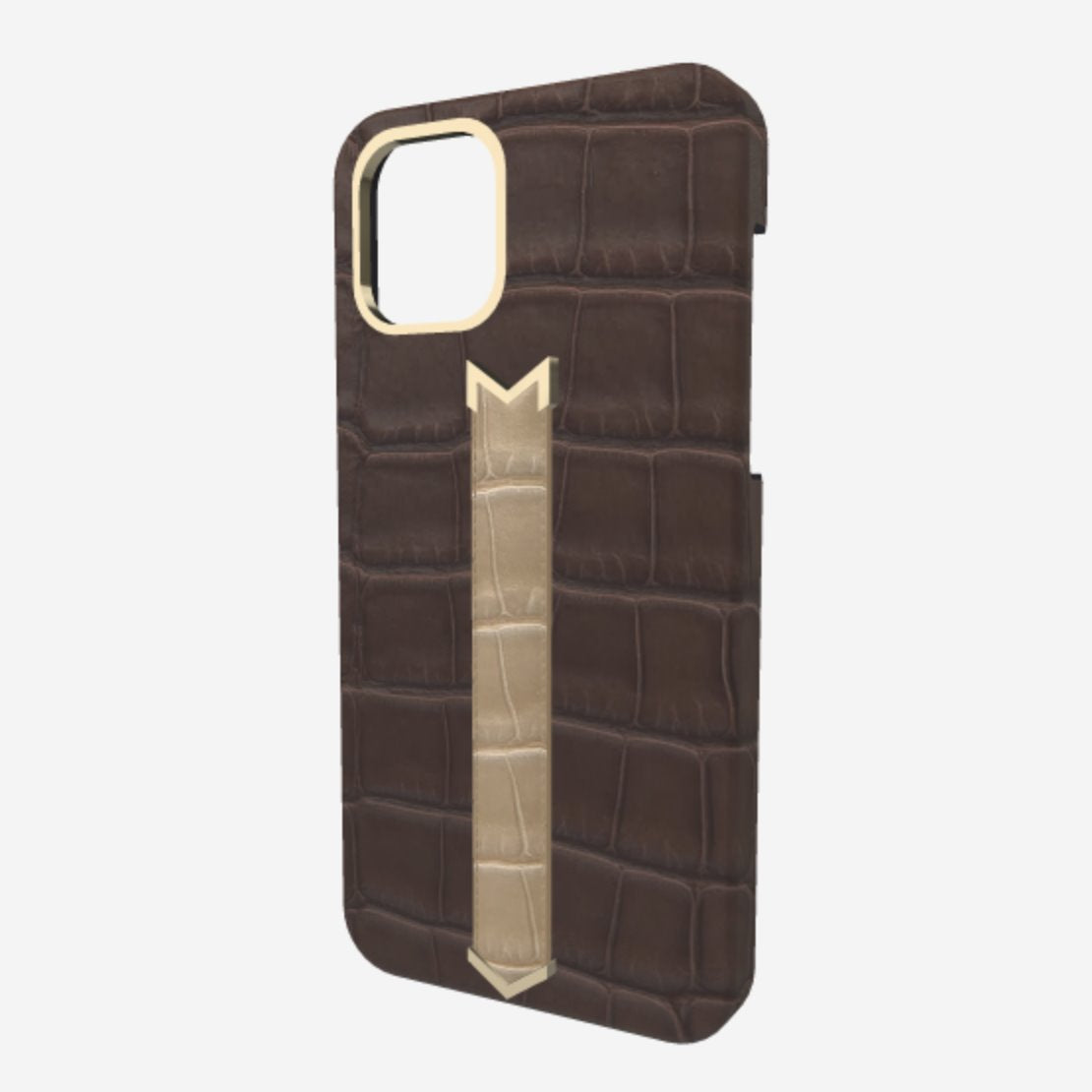 Gold Finger Strap Case for iPhone 13 in Genuine Alligator Borsalino Brown Beige Desert 