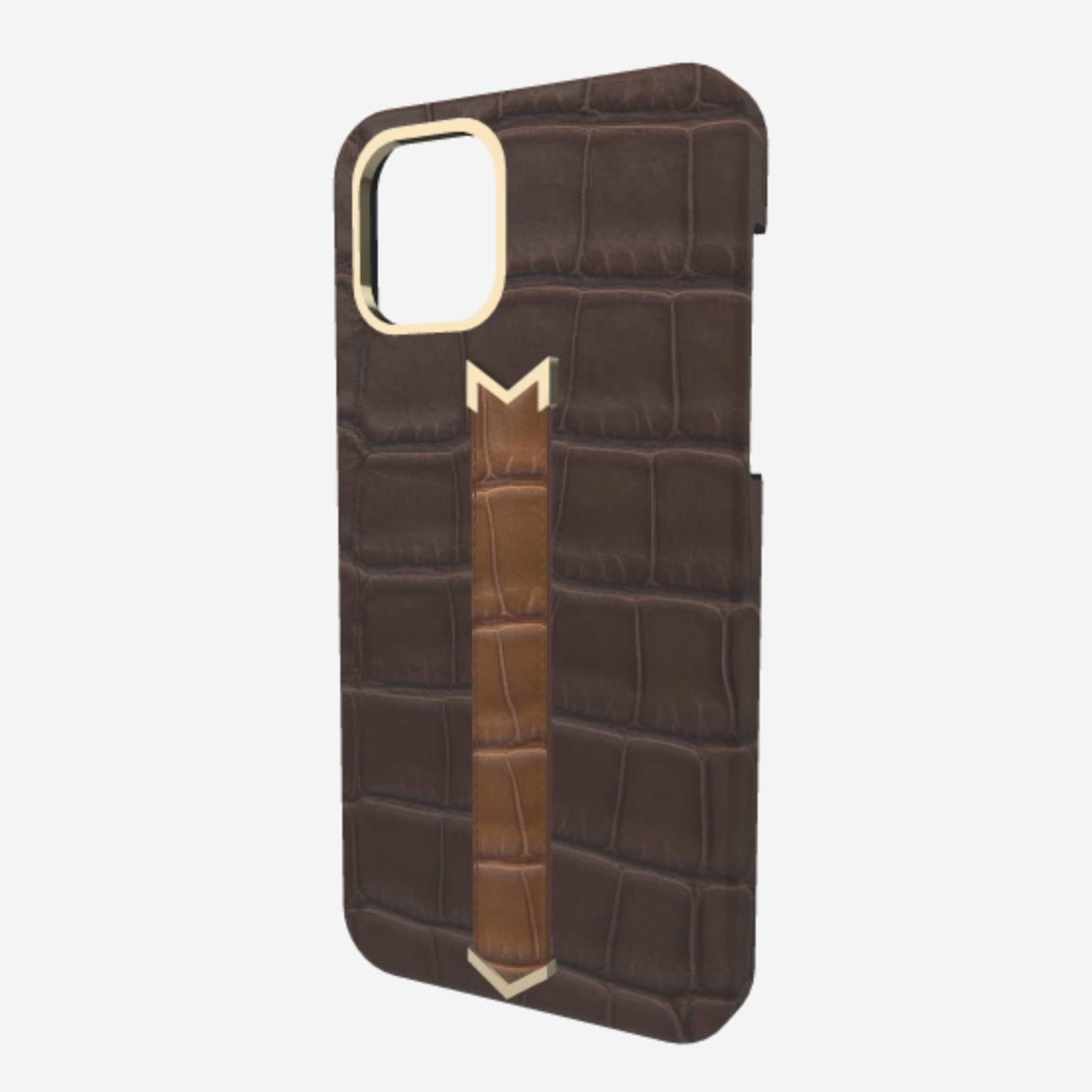 Gold Finger Strap Case for iPhone 13 in Genuine Alligator Borsalino Brown Belmondo Brown 