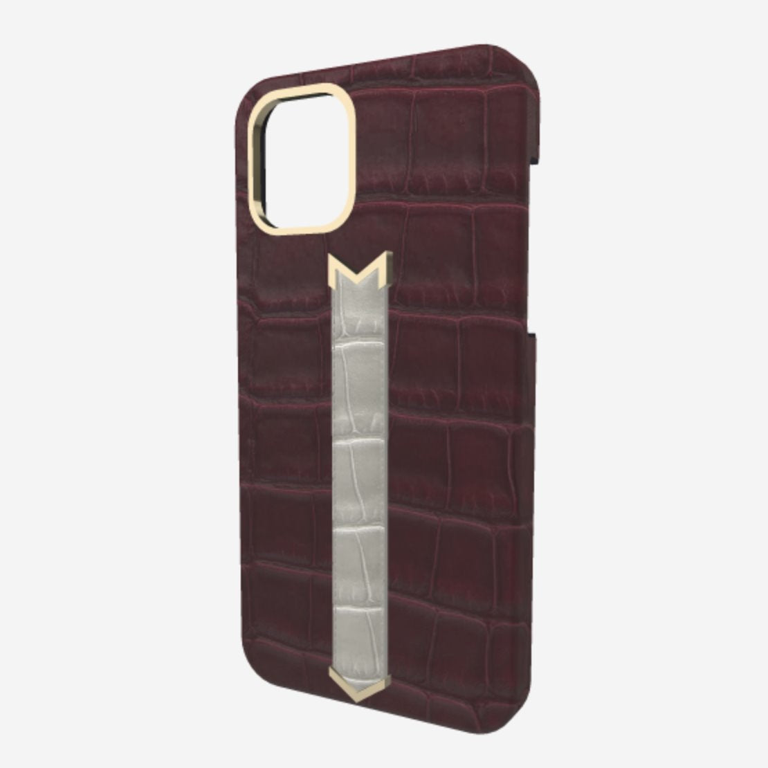 Gold Finger Strap Case for iPhone 13 in Genuine Alligator Burgundy Palace Pearl Grey 