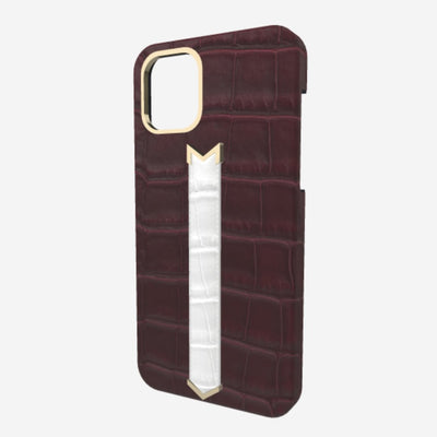 Gold Finger Strap Case for iPhone 13 in Genuine Alligator Burgundy Palace White Angel 