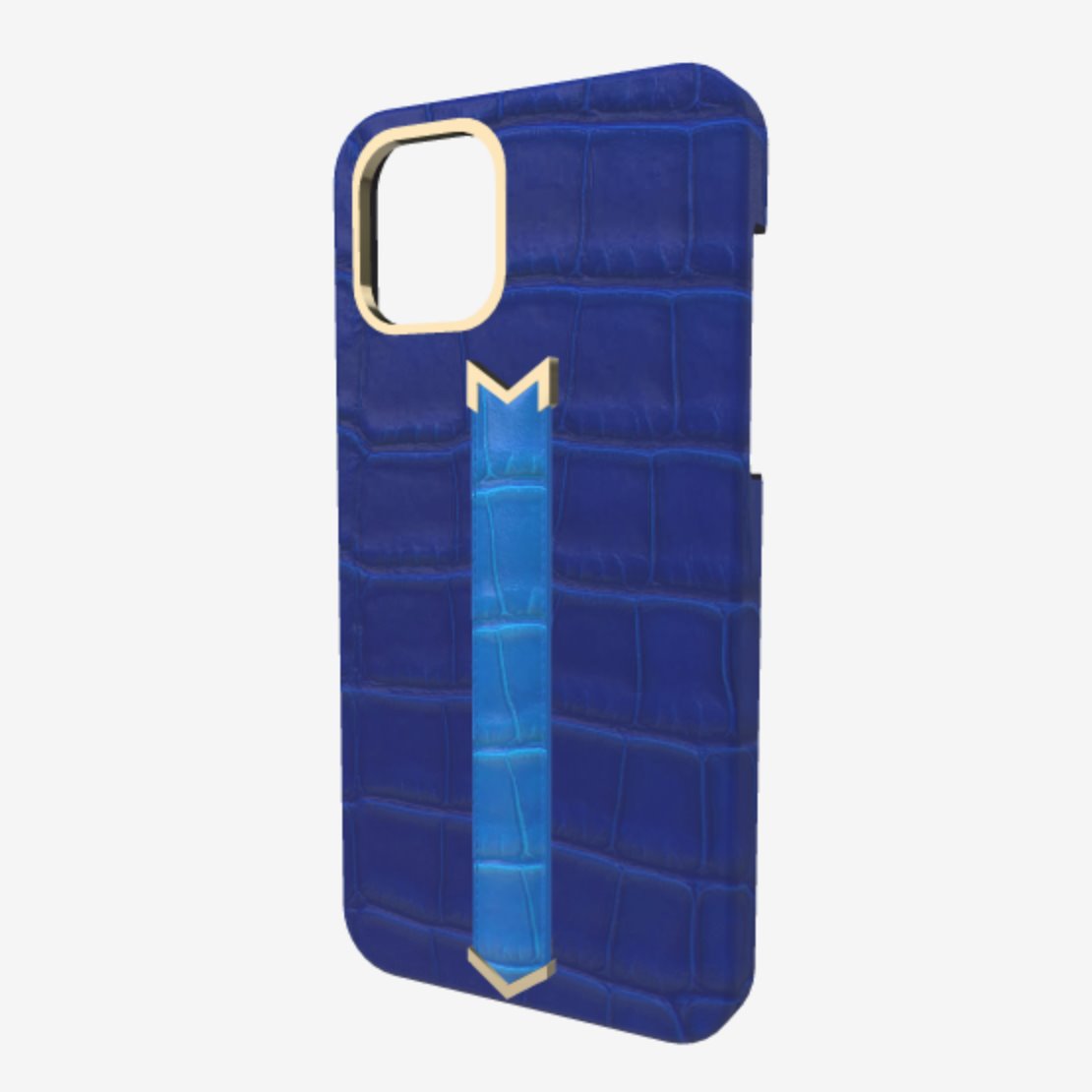 Gold Finger Strap Case for iPhone 13 in Genuine Alligator Electric Blue Royal Blue 