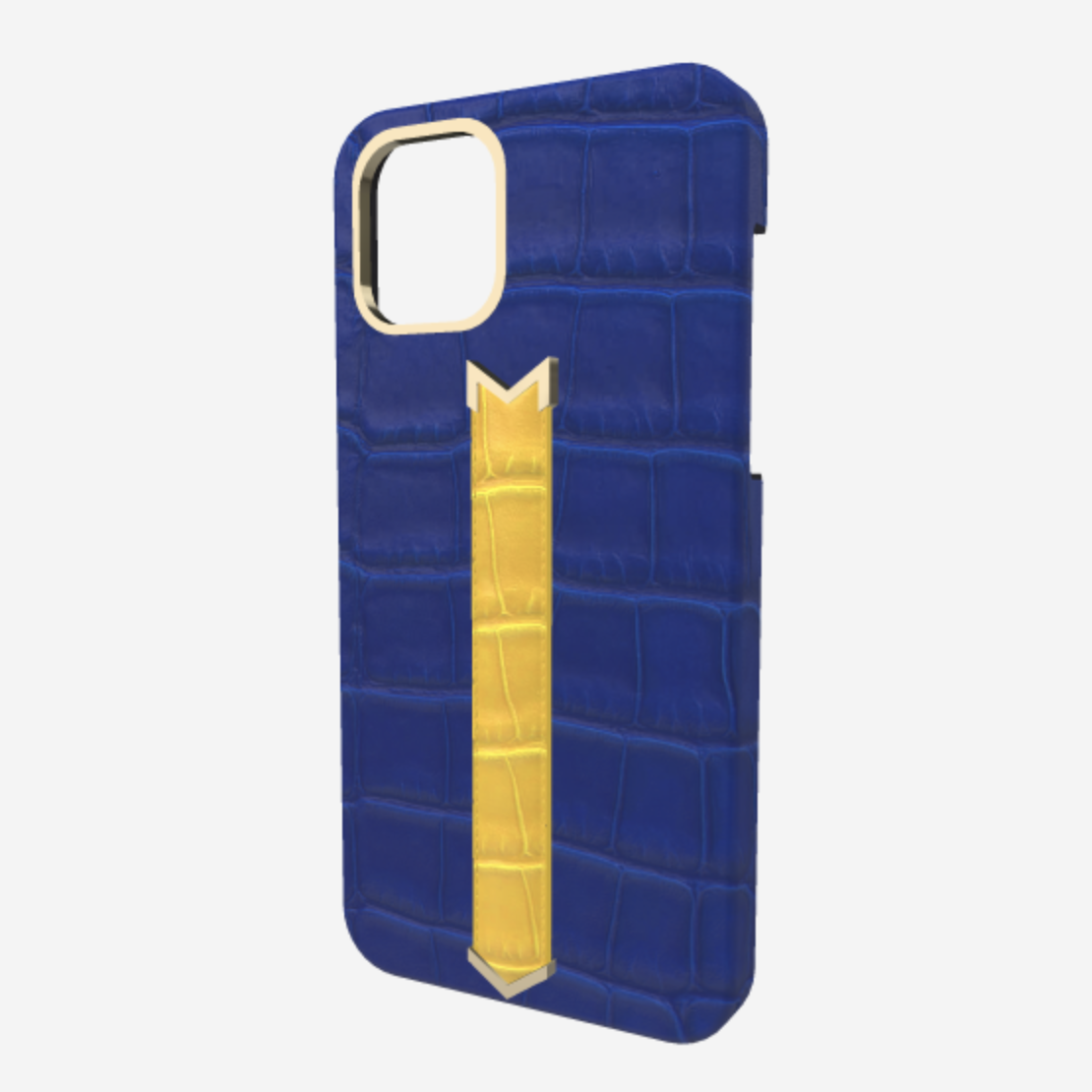 Gold Finger Strap Case for iPhone 13 in Genuine Alligator Electric Blue Summer Yellow 