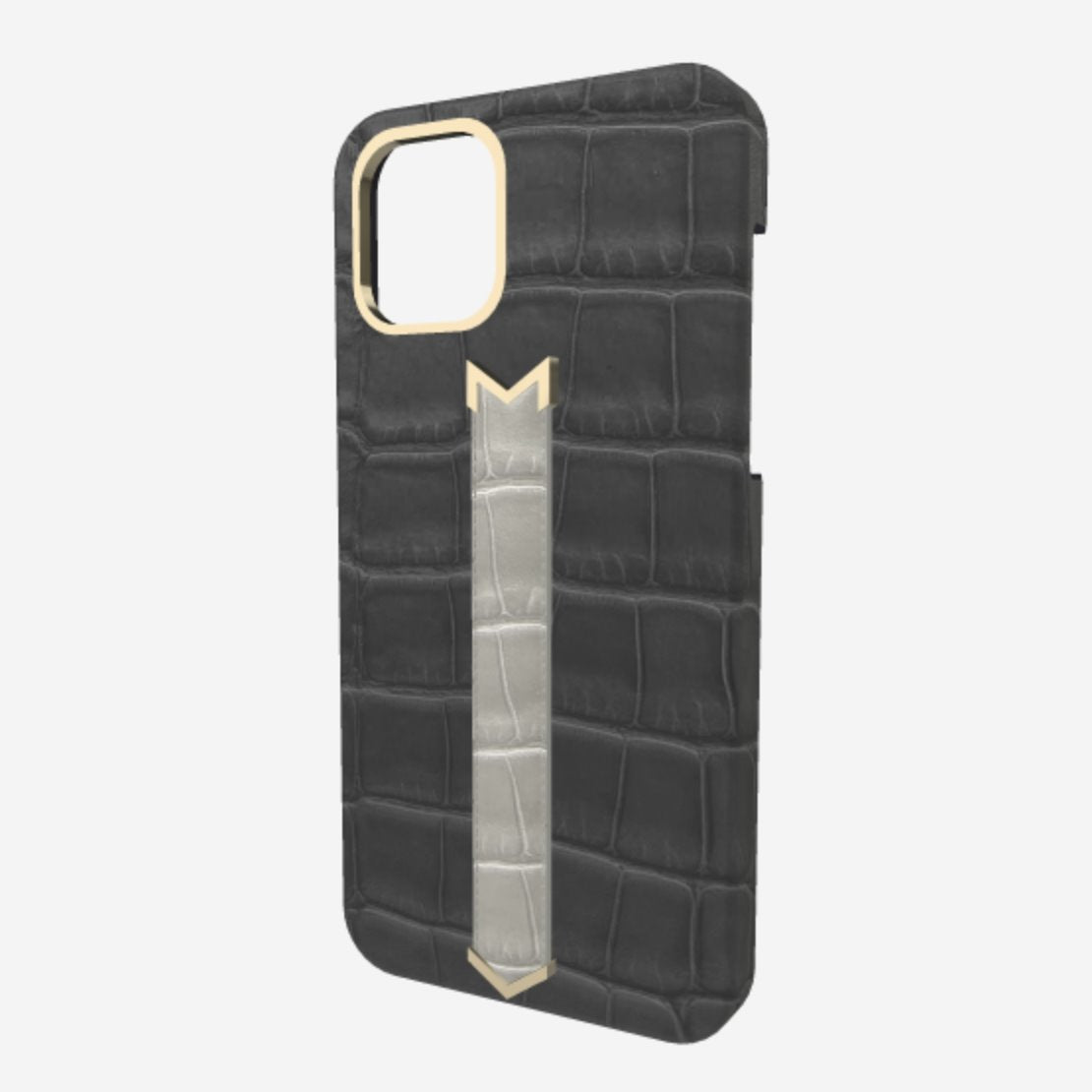 Gold Finger Strap Case for iPhone 13 in Genuine Alligator Elite Grey Pearl Grey 