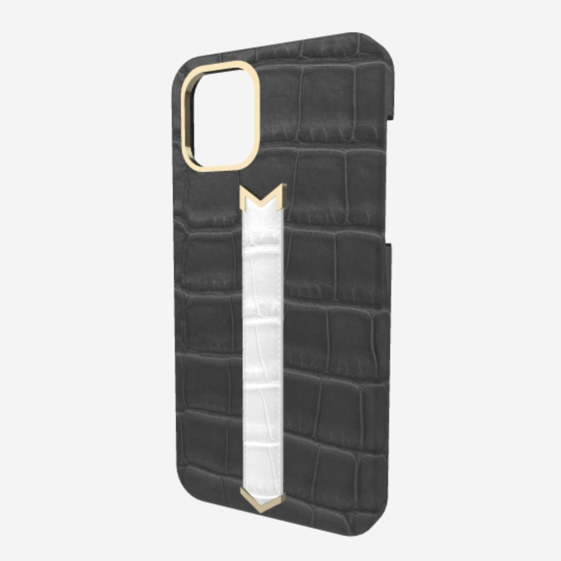 Gold Finger Strap Case for iPhone 13 in Genuine Alligator Elite Grey White Angel 
