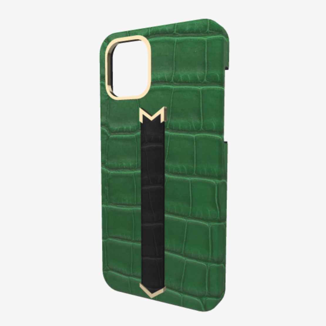Gold Finger Strap Case for iPhone 13 in Genuine Alligator Emerald Green Bond Black 