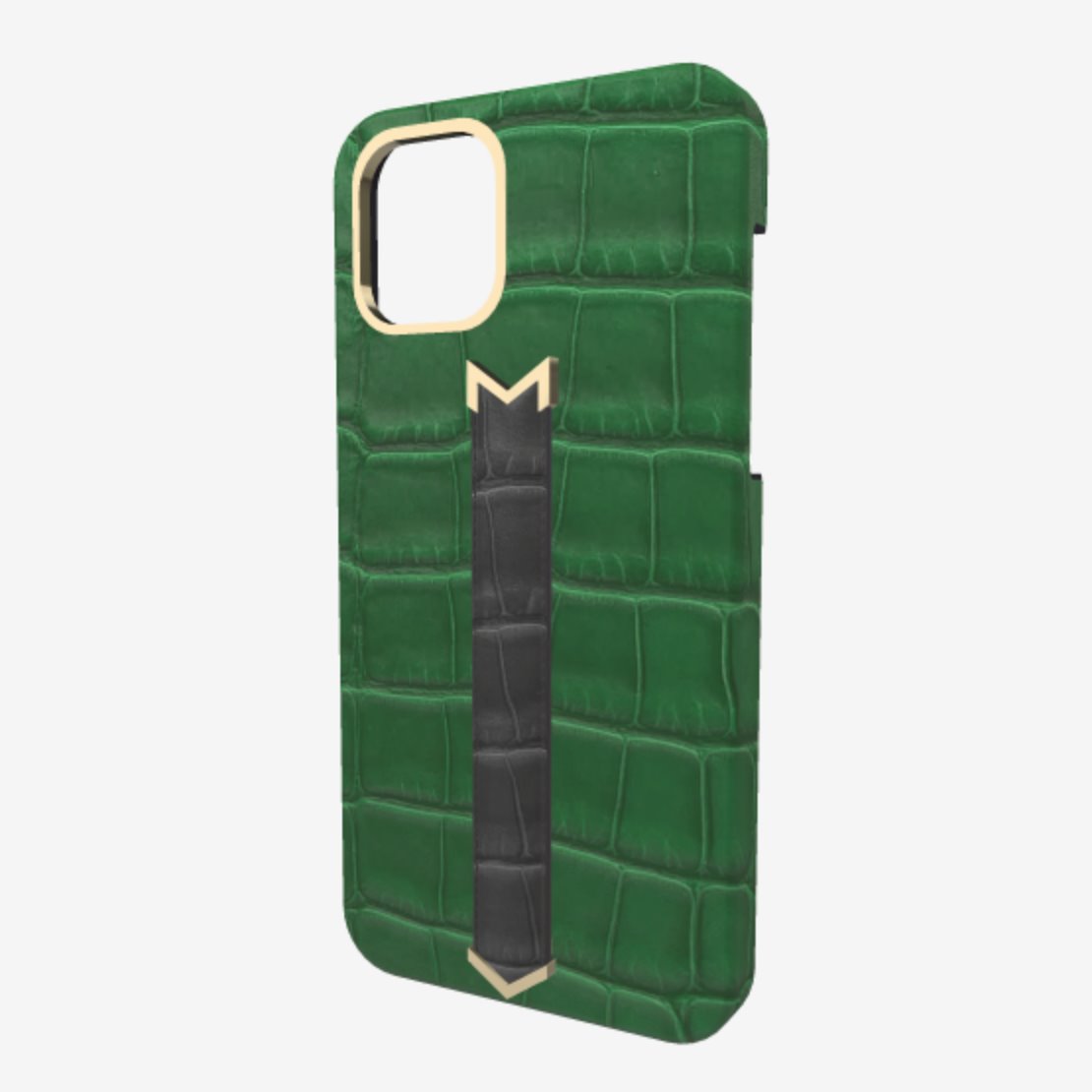 Gold Finger Strap Case for iPhone 13 in Genuine Alligator Emerald Green Elite Grey 
