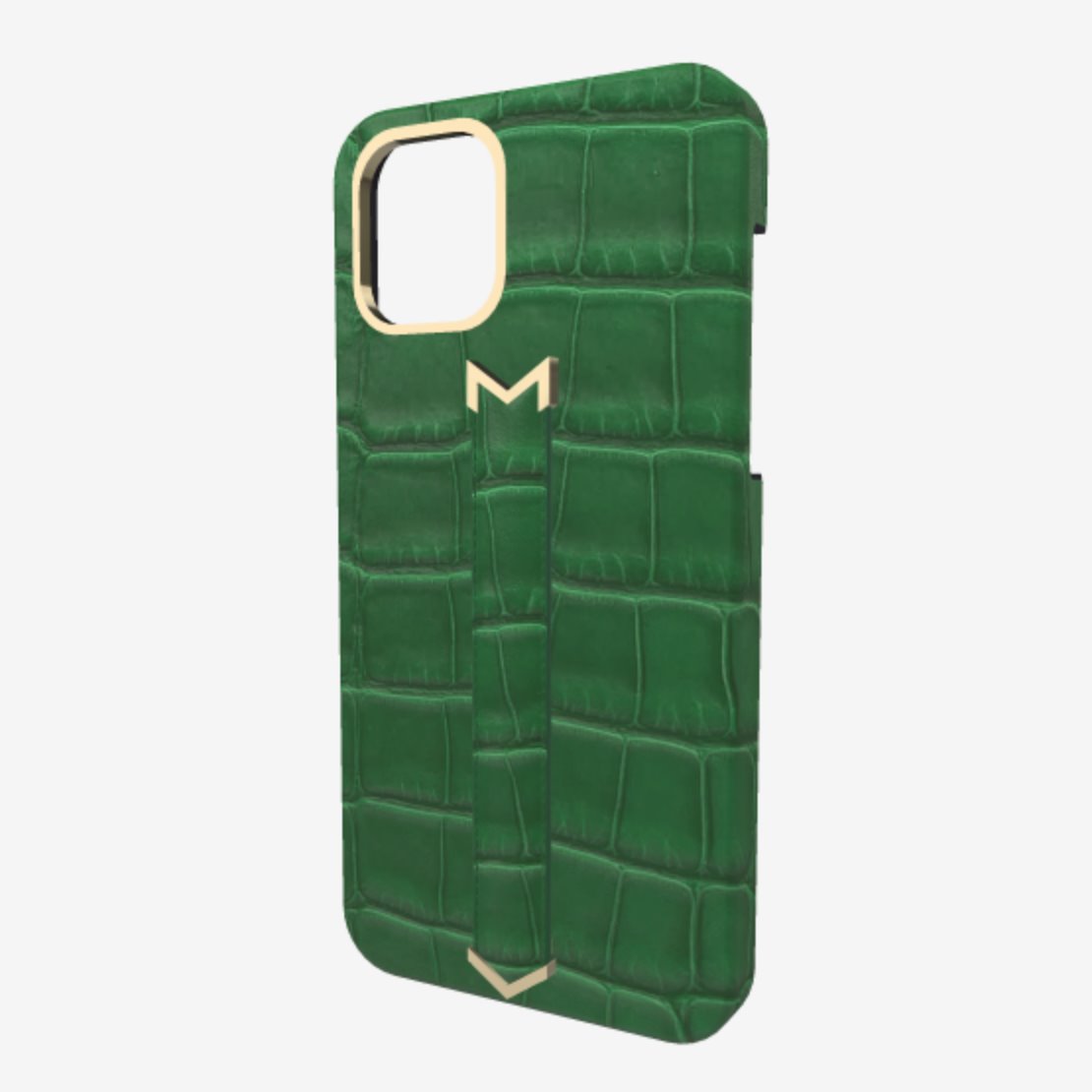 Gold Finger Strap Case for iPhone 13 in Genuine Alligator Emerald Green Emerald Green 