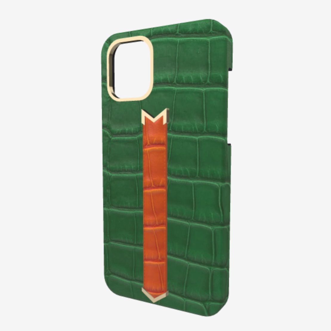 Gold Finger Strap Case for iPhone 13 in Genuine Alligator Emerald Green Orange Cocktail 
