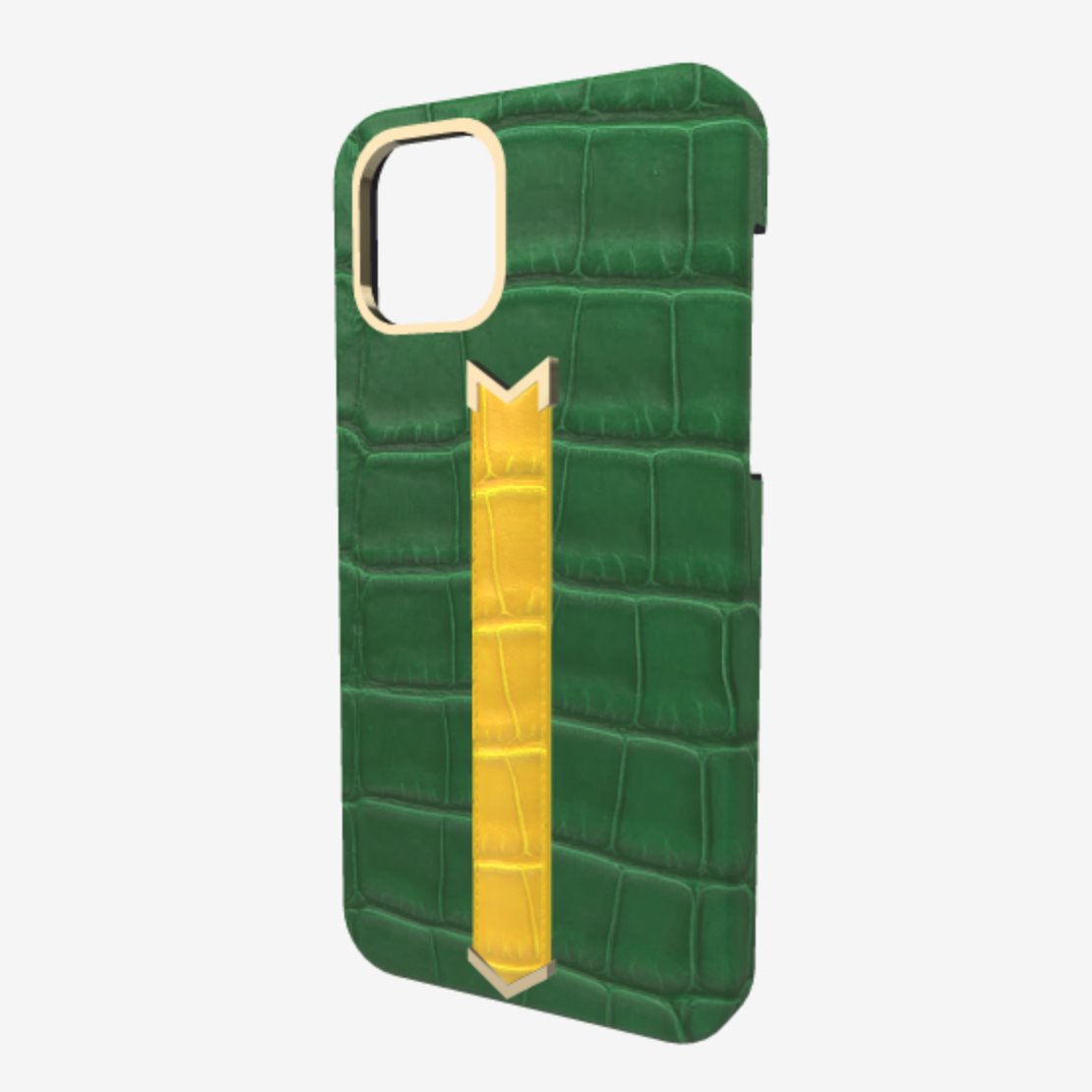 Gold Finger Strap Case for iPhone 13 in Genuine Alligator Emerald Green Summer Yellow 