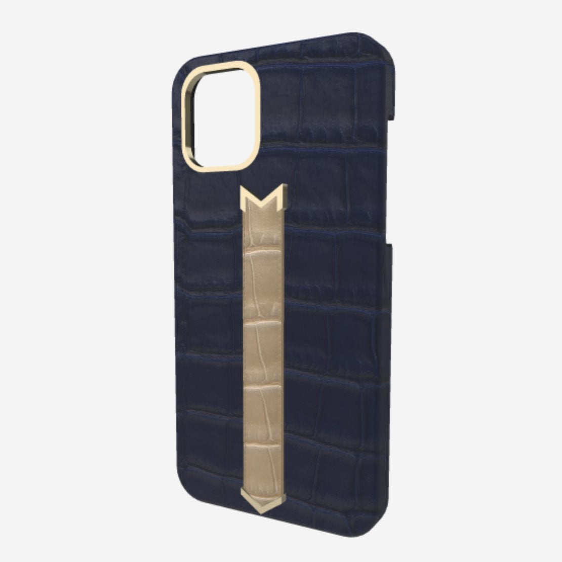 Gold Finger Strap Case for iPhone 13 in Genuine Alligator Navy Blue Beige Desert 