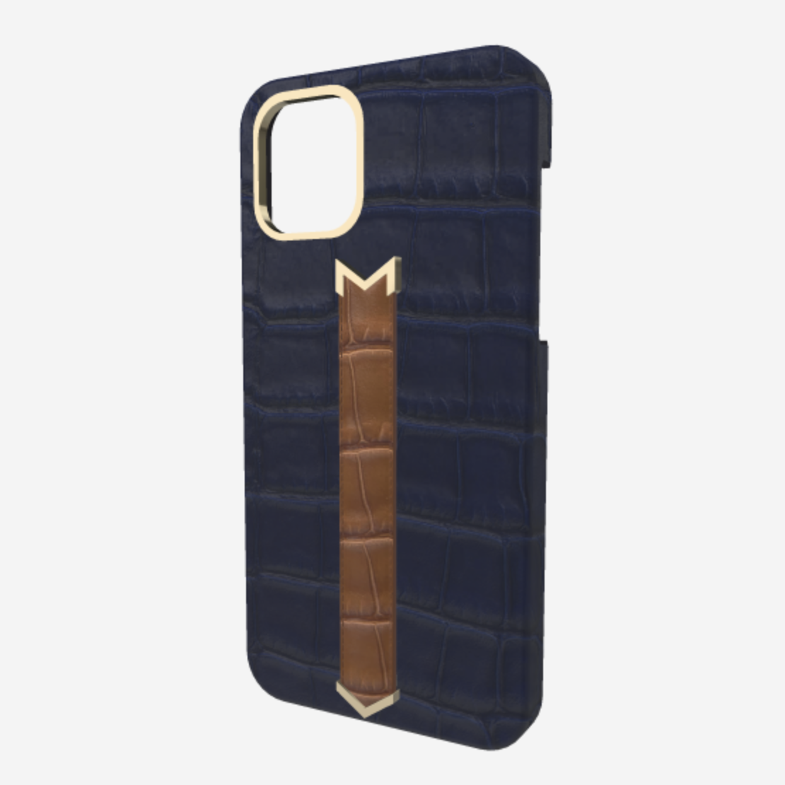 Gold Finger Strap Case for iPhone 13 in Genuine Alligator Navy Blue Belmondo Brown 