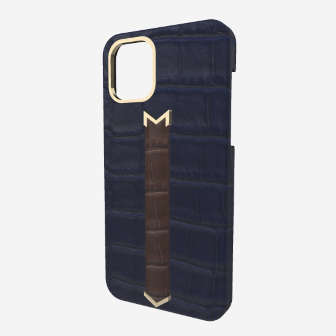 Gold Finger Strap Case for iPhone 13 in Genuine Alligator Navy Blue Borsalino Brown 