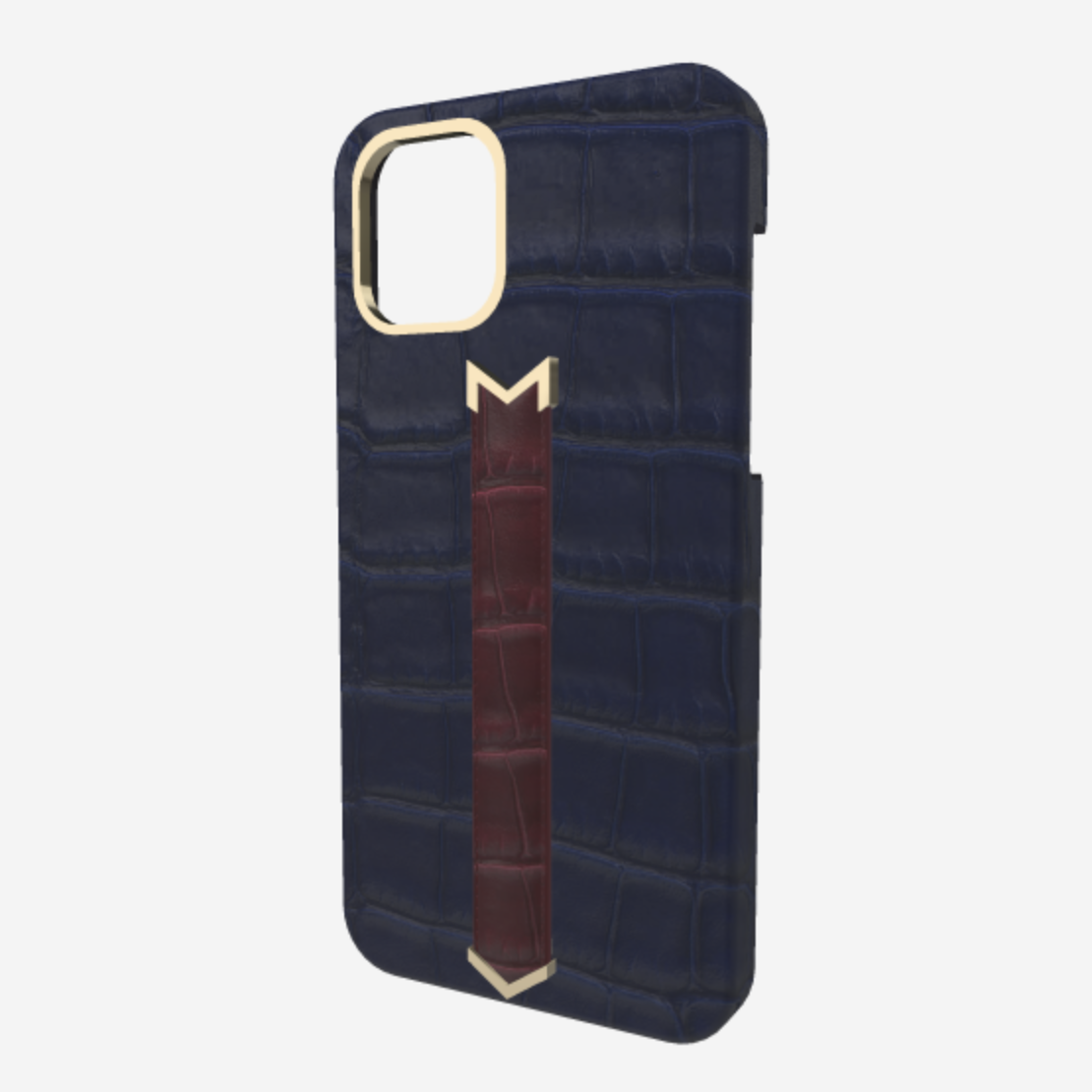 Gold Finger Strap Case for iPhone 13 in Genuine Alligator Navy Blue Burgundy Palace 