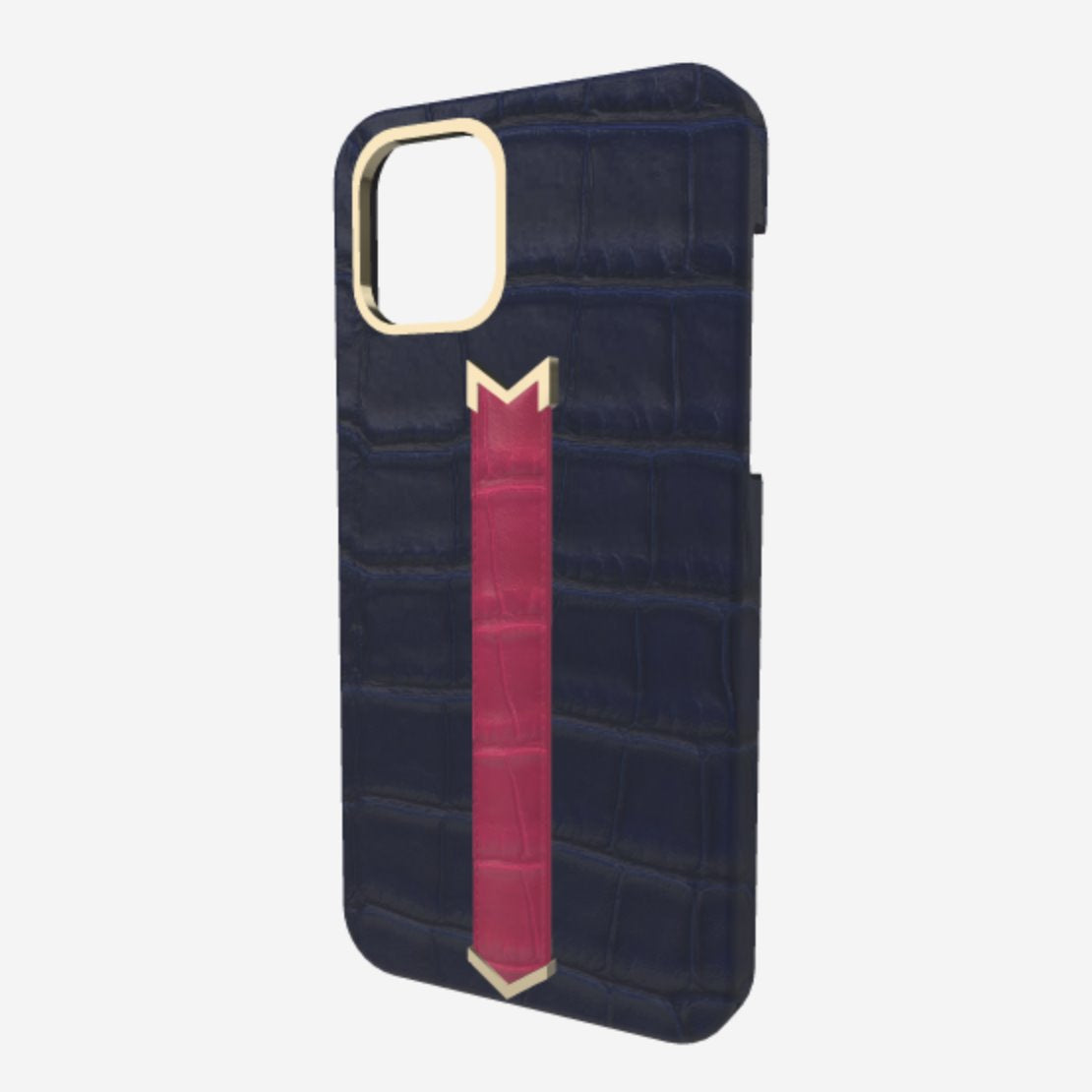 Gold Finger Strap Case for iPhone 13 in Genuine Alligator Navy Blue Fuchsia Party 