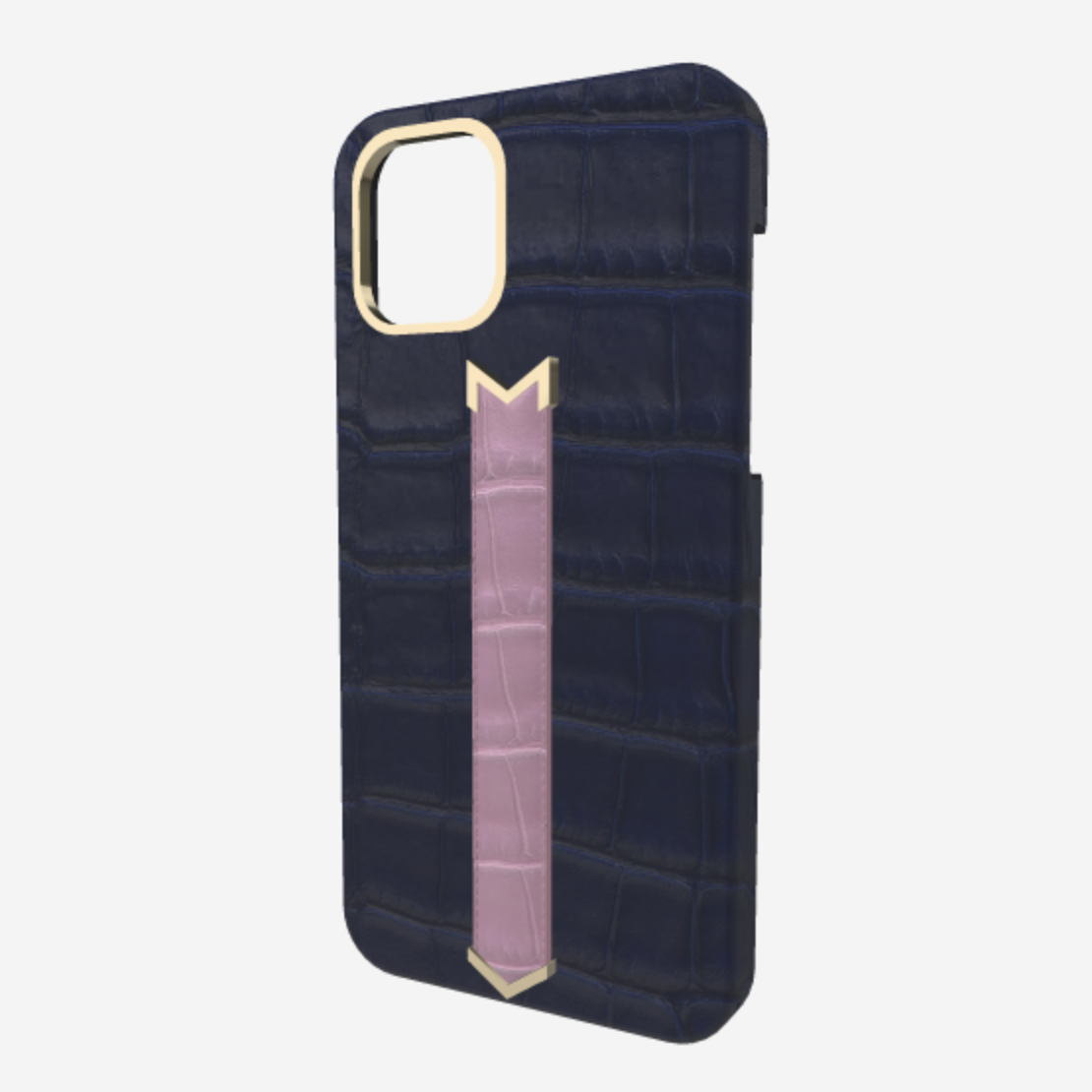 Gold Finger Strap Case for iPhone 13 in Genuine Alligator Navy Blue Lavender Laugh 