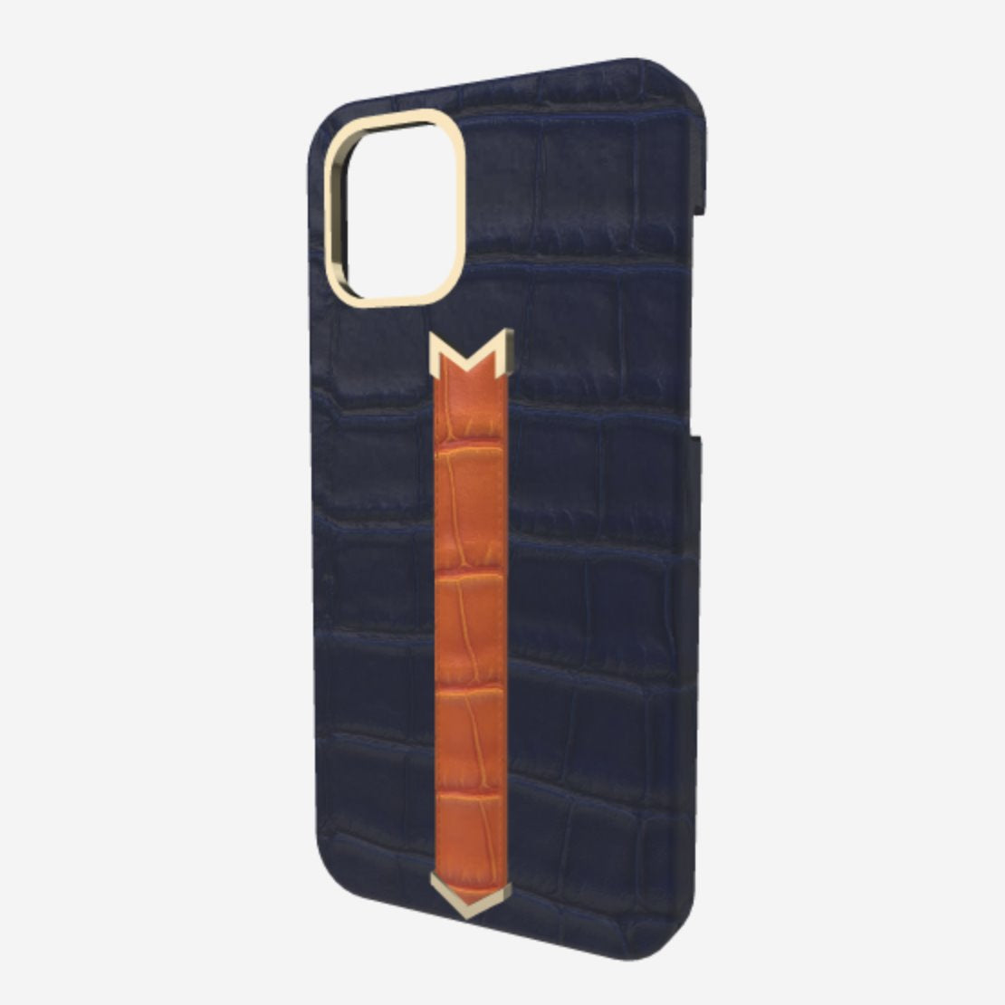 Gold Finger Strap Case for iPhone 13 in Genuine Alligator Navy Blue Orange Cocktail 