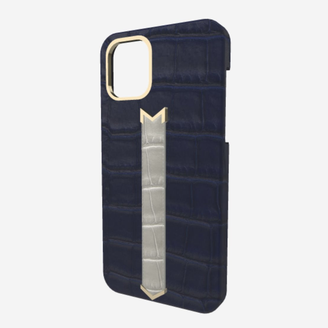 Gold Finger Strap Case for iPhone 13 in Genuine Alligator Navy Blue Pearl Grey 