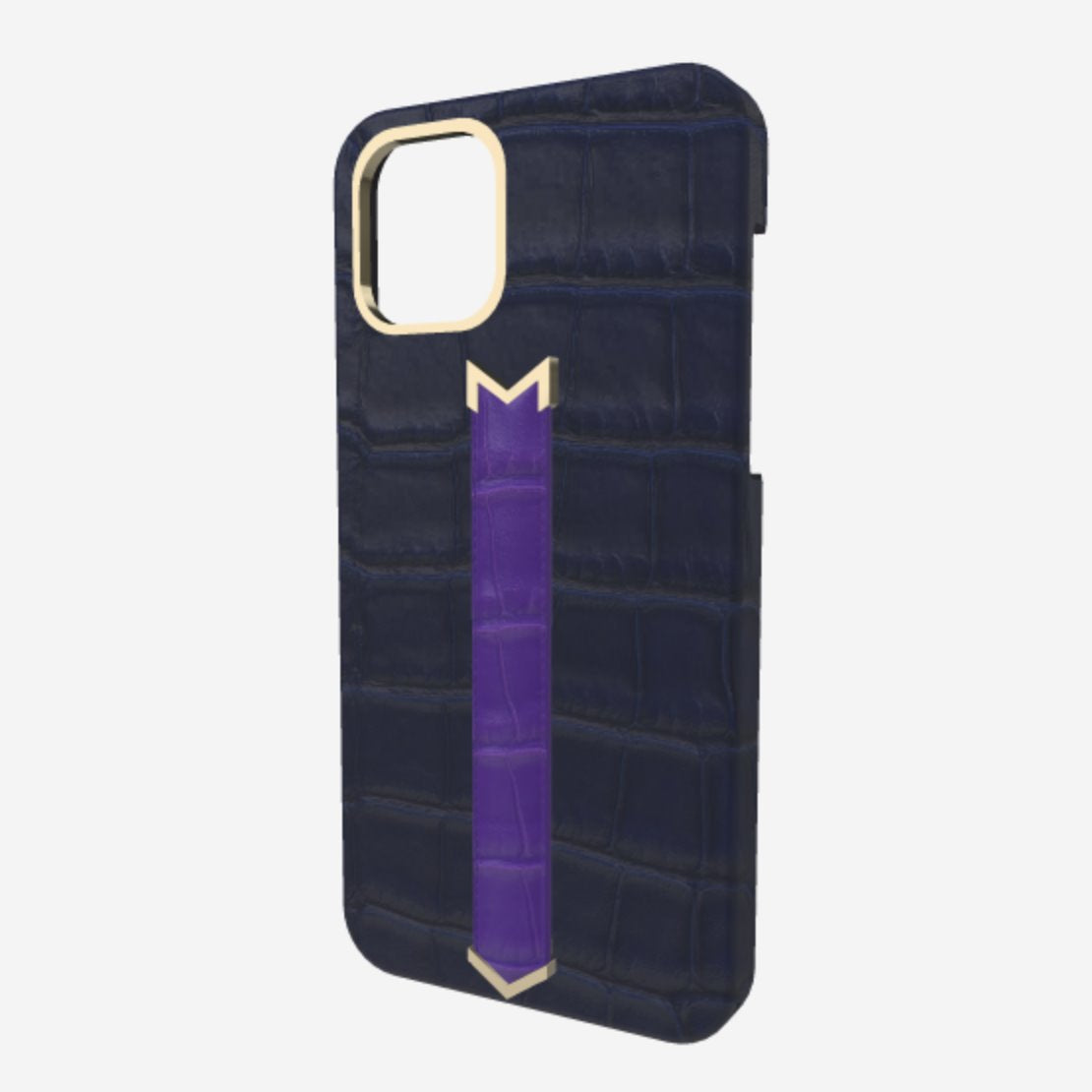 Gold Finger Strap Case for iPhone 13 in Genuine Alligator Navy Blue Purple Rain 