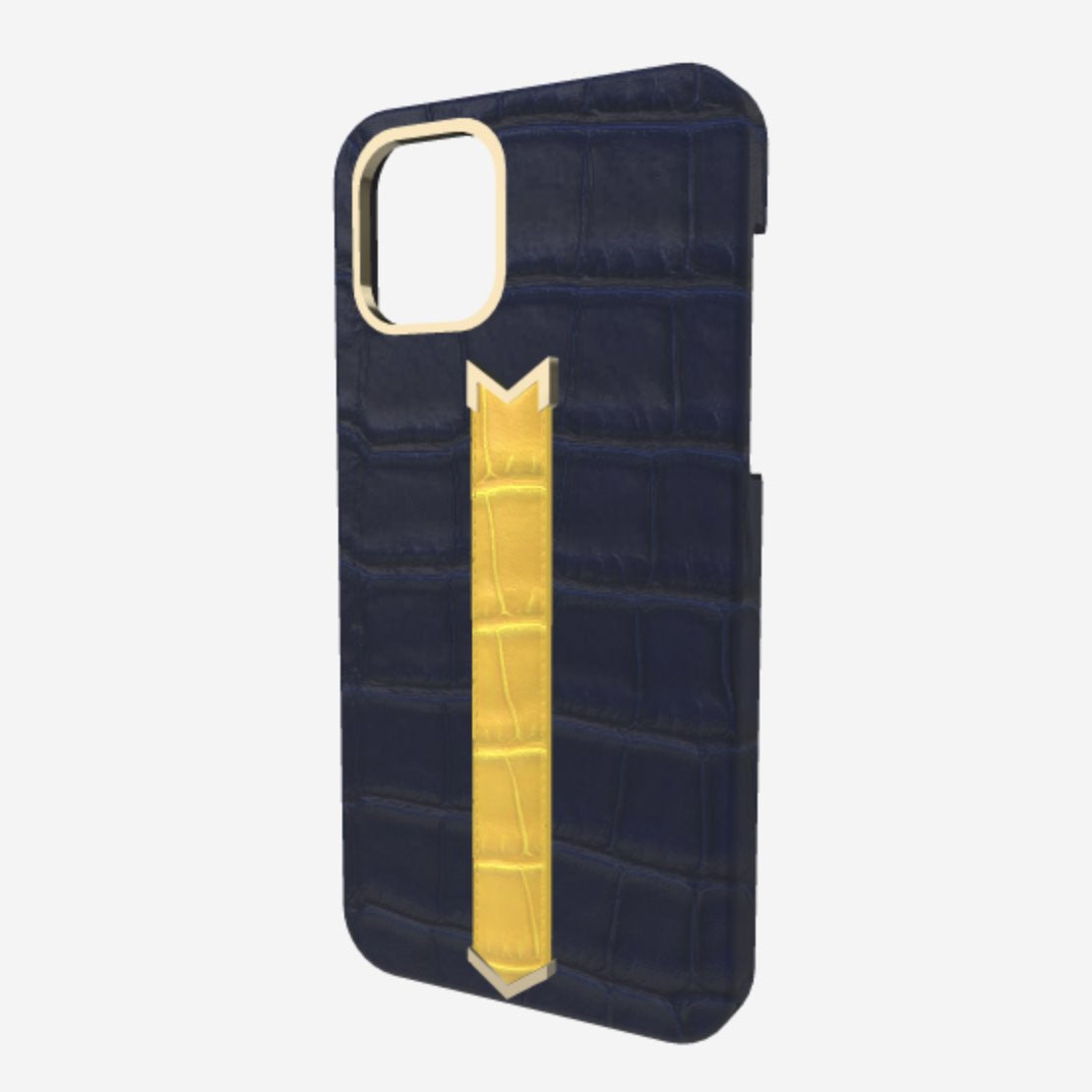 Gold Finger Strap Case for iPhone 13 in Genuine Alligator Navy Blue Summer Yellow 