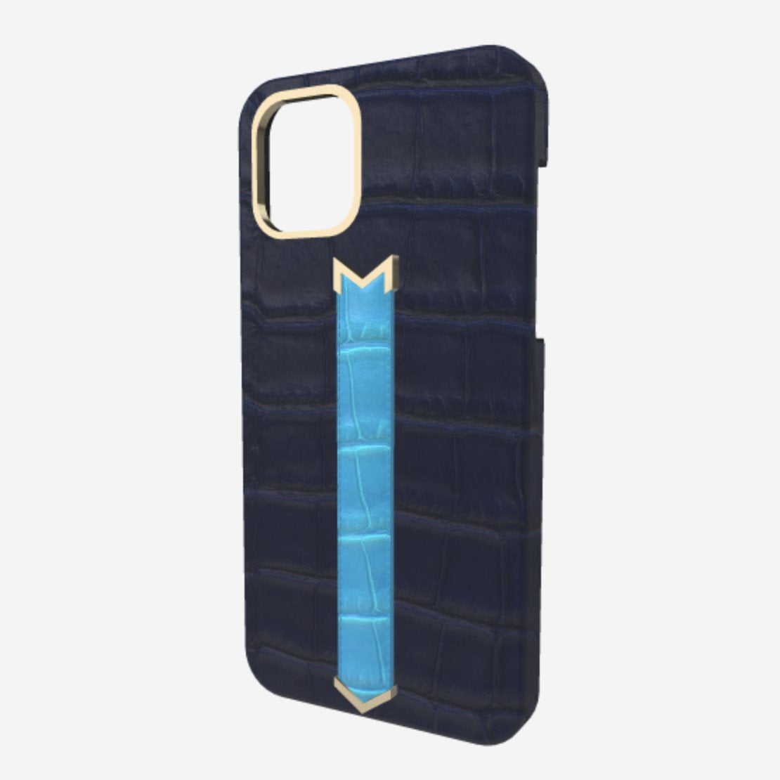 Gold Finger Strap Case for iPhone 13 in Genuine Alligator Navy Blue Tropical Blue 