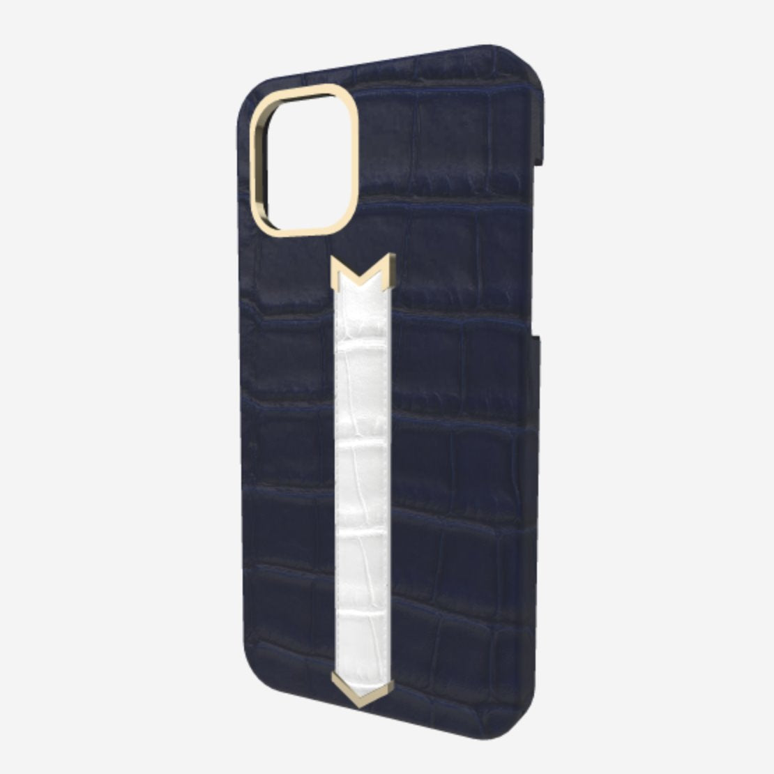 Gold Finger Strap Case for iPhone 13 in Genuine Alligator Navy Blue White Angel 