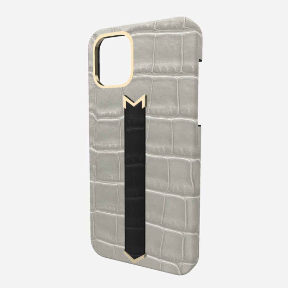 Gold Finger Strap Case for iPhone 13 in Genuine Alligator Pearl Grey Bond Black 