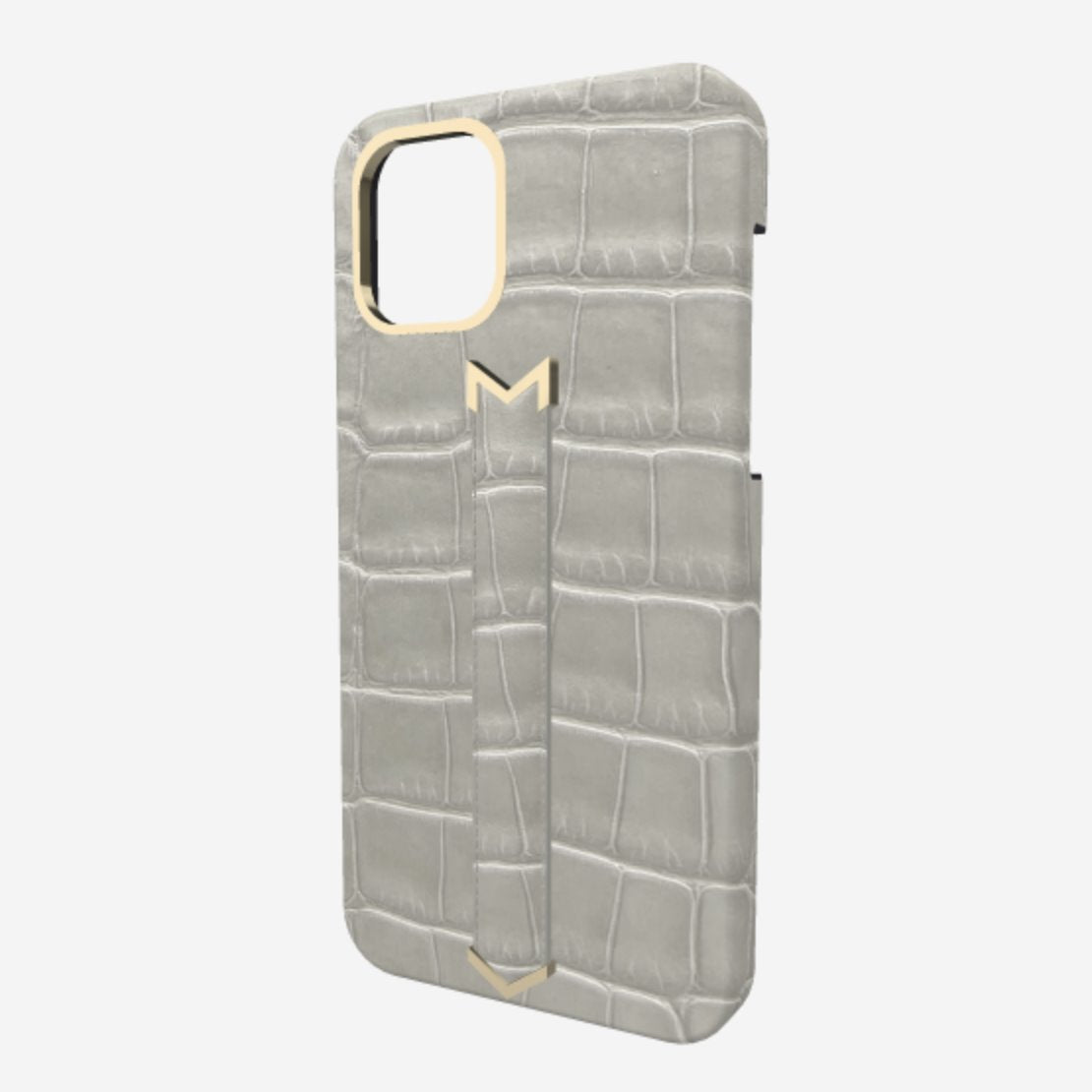 Gold Finger Strap Case for iPhone 13 in Genuine Alligator Pearl Grey Pearl Grey 