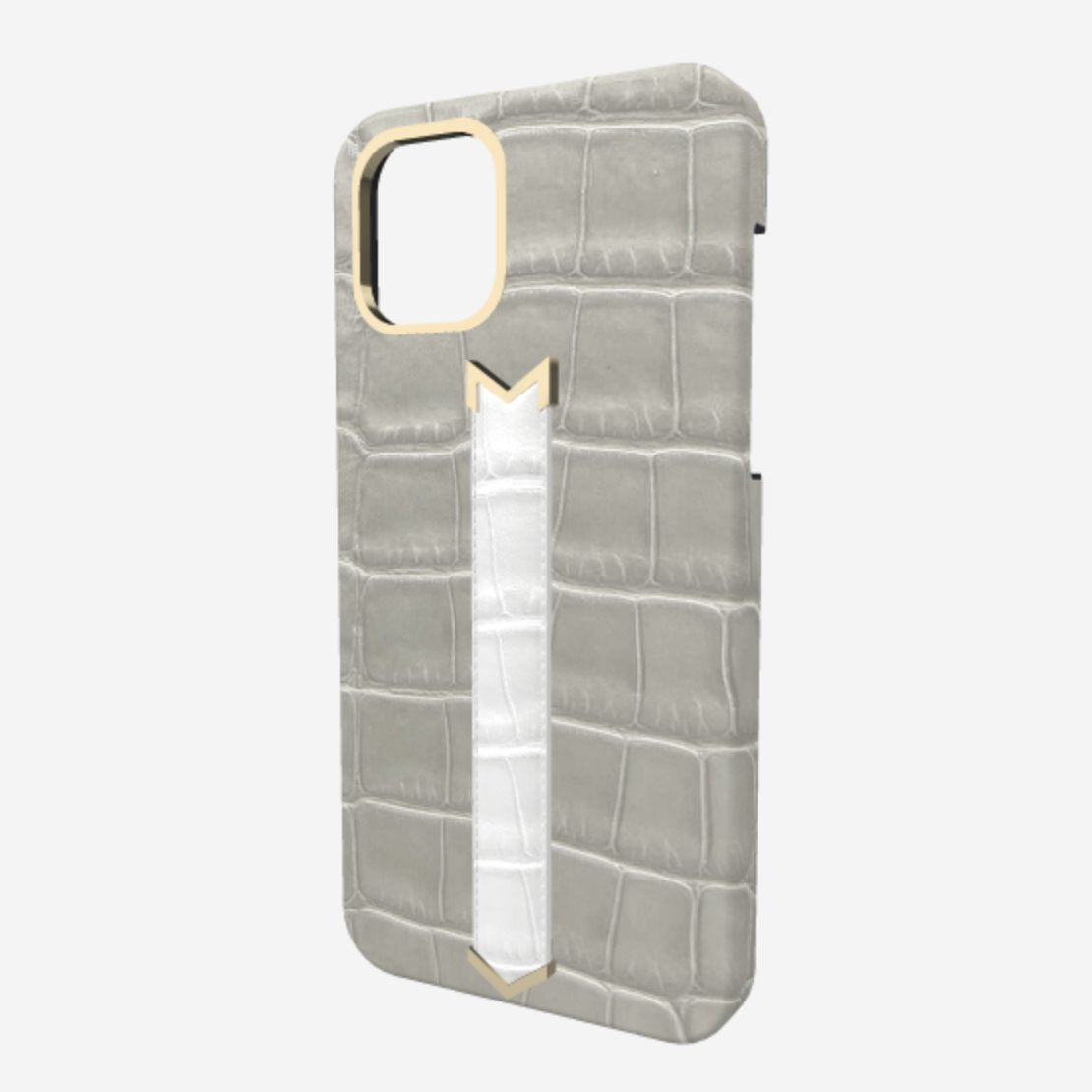 Gold Finger Strap Case for iPhone 13 in Genuine Alligator Pearl Grey White Angel 