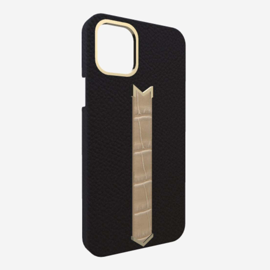 Gold Finger Strap Case for iPhone 13 in Genuine Calfskin and Alligator Bond Black Beige Desert 