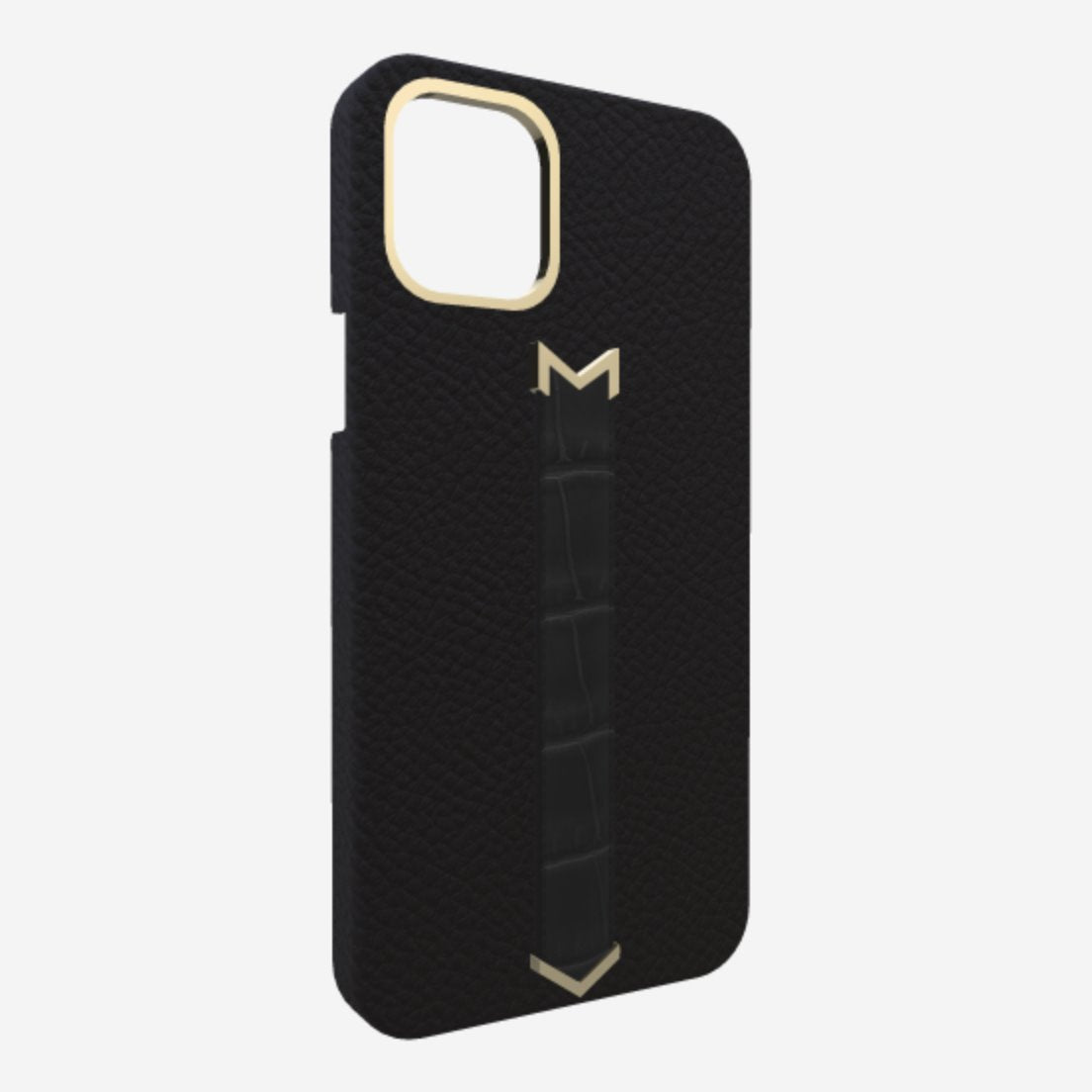 Gold Finger Strap Case for iPhone 13 in Genuine Calfskin and Alligator Bond Black Bond Black 