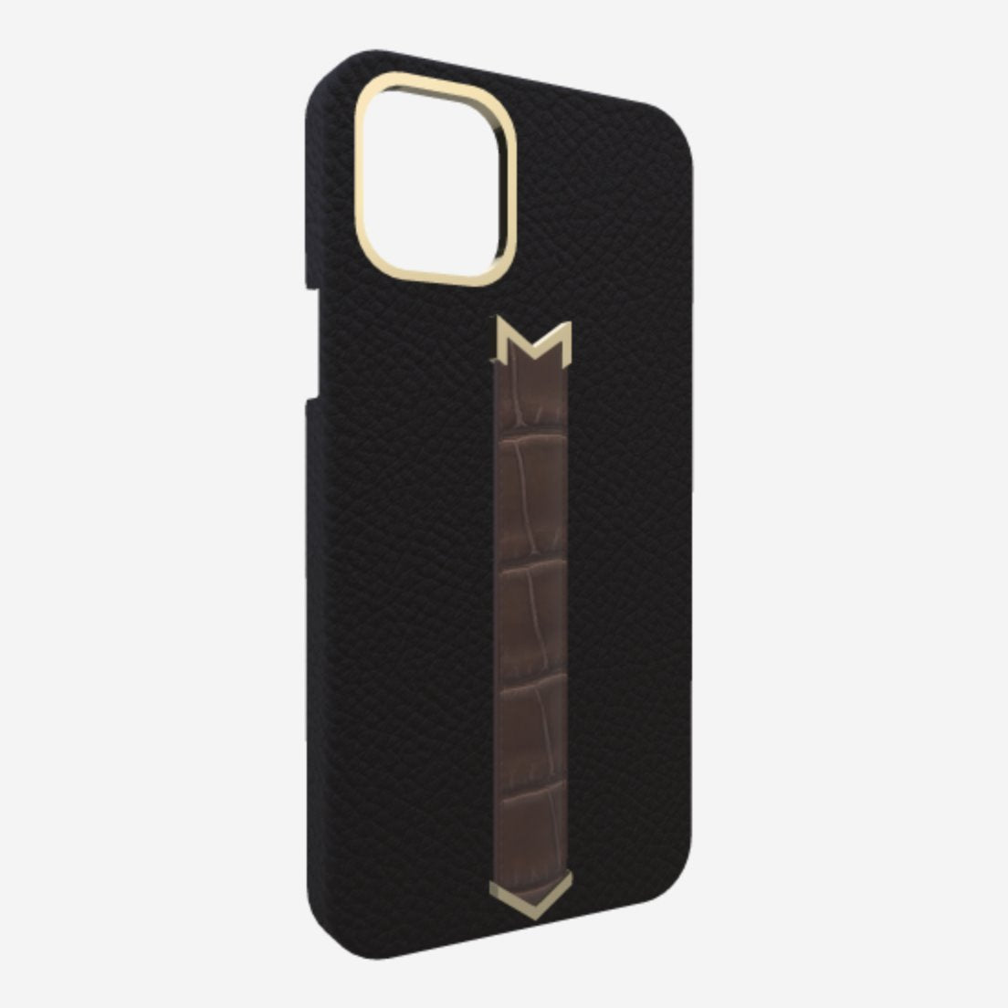 Gold Finger Strap Case for iPhone 13 in Genuine Calfskin and Alligator Bond Black Borsalino Brown 