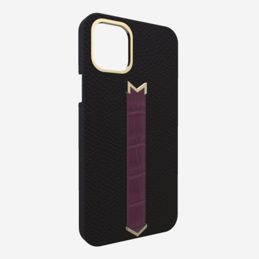 Gold Finger Strap Case for iPhone 13 in Genuine Calfskin and Alligator Bond Black Boysenberry Island 