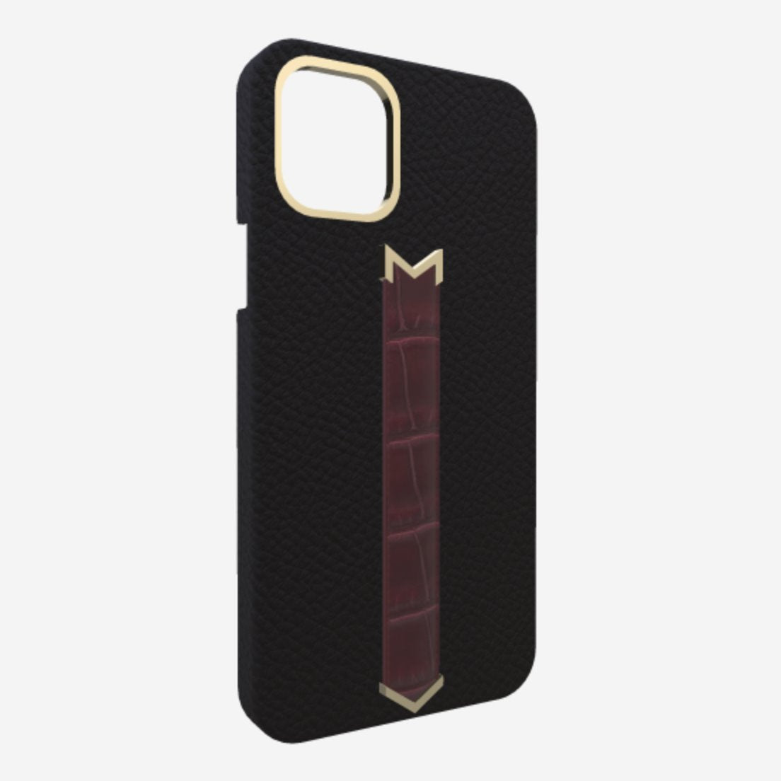 Gold Finger Strap Case for iPhone 13 in Genuine Calfskin and Alligator Bond Black Burgundy Palace 