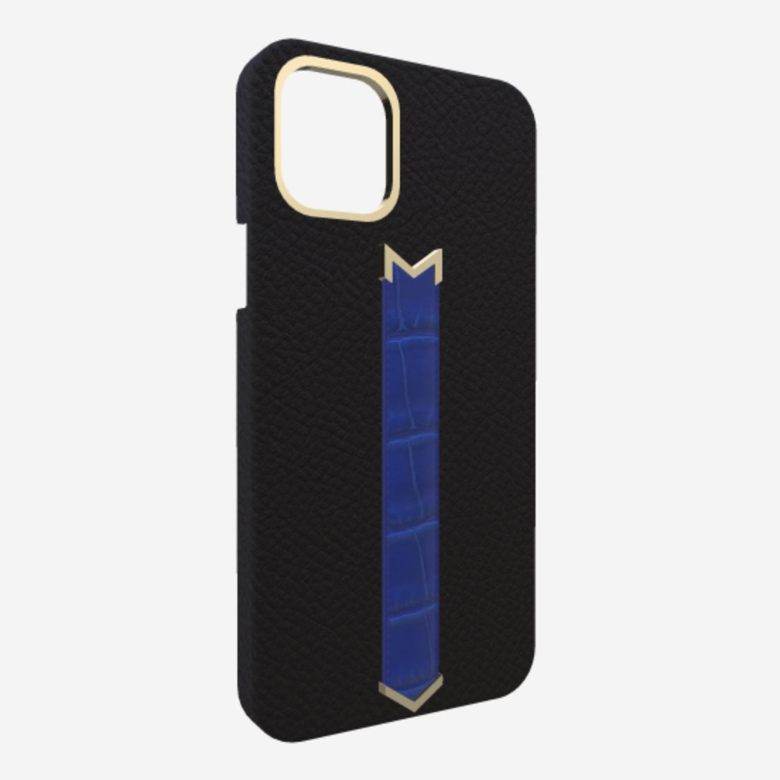 Gold Finger Strap Case for iPhone 13 in Genuine Calfskin and Alligator Bond Black Electric Blue 