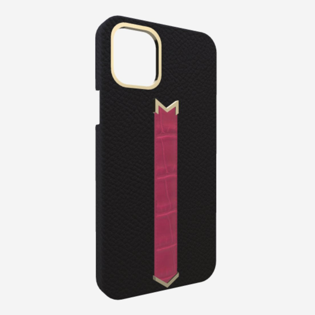 Gold Finger Strap Case for iPhone 13 in Genuine Calfskin and Alligator Bond Black Fuchsia Party 