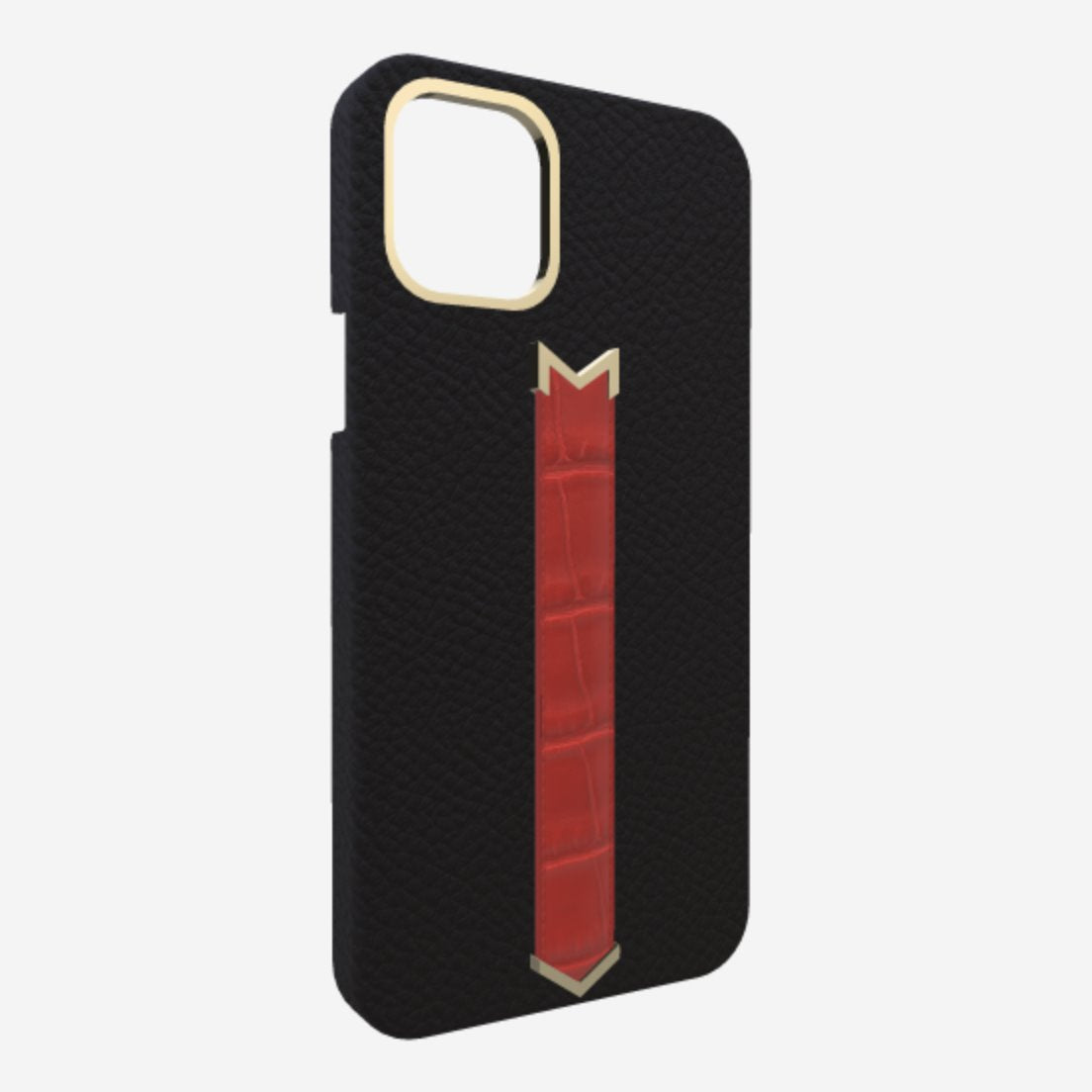 Gold Finger Strap Case for iPhone 13 in Genuine Calfskin and Alligator Bond Black Glamour Red 